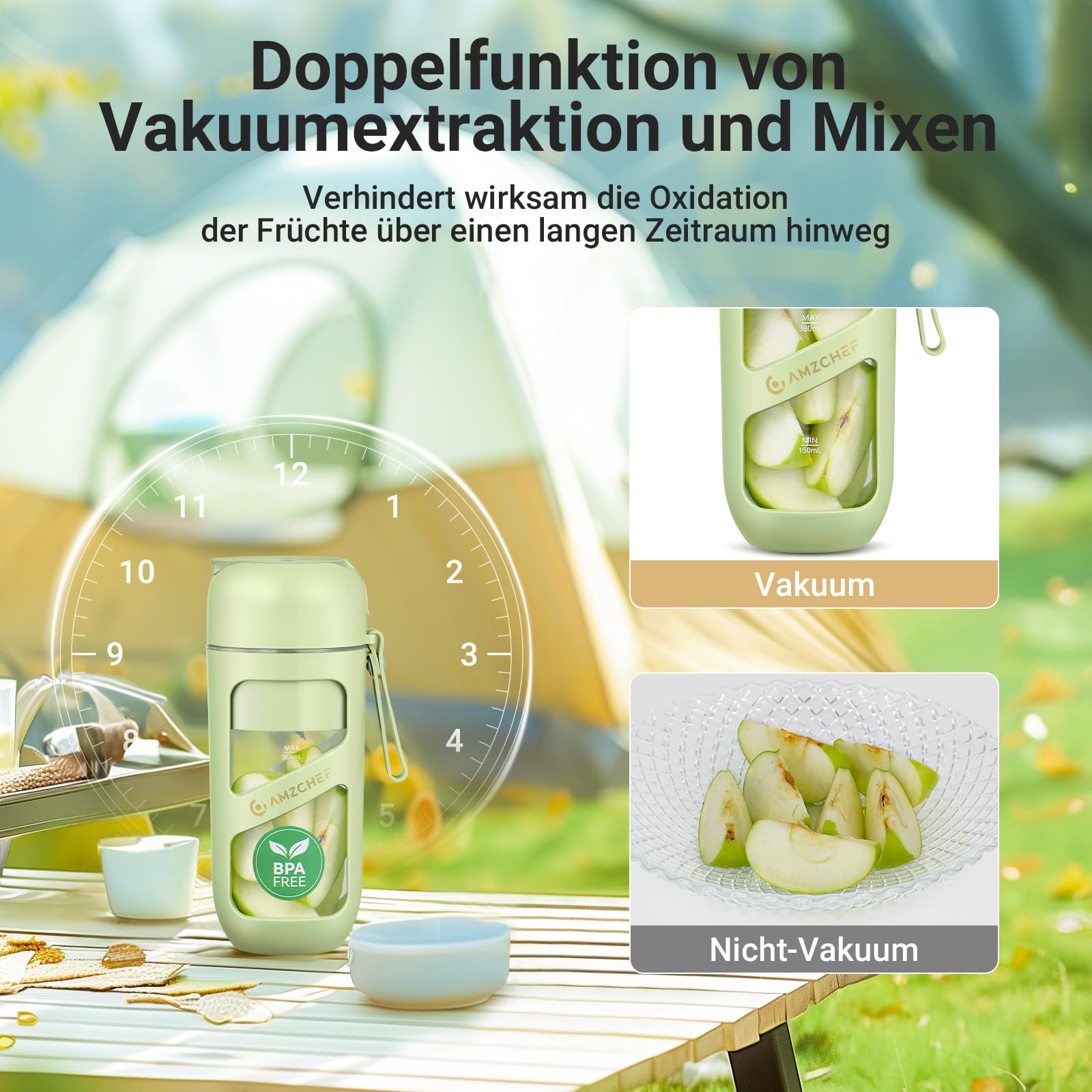 AMZCHEF Vakuum Smoothie Maker, Tragbarer Mixer für Milchshake, Saft, Smoothie - 380ml Vakuum Antioxidantien Saft Flasche - Kabellos wiederaufladbare Flasche für Minimixer