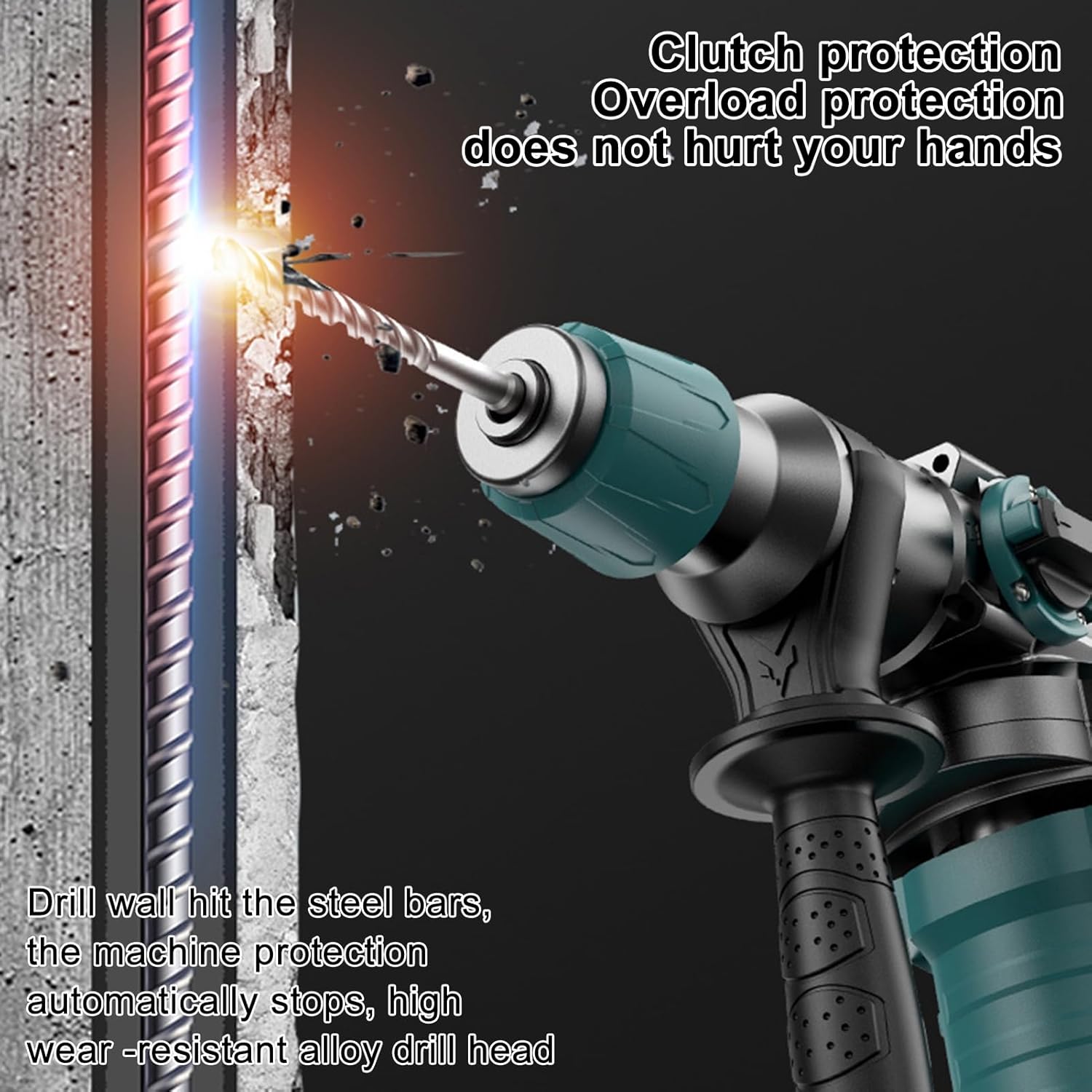 1-1/4 Inch SDS-Plus Heavy Duty Rotary Hammer Drill, 13 Amp 4 Functions and Variable Speed, Electric Power Drill with Safety Clutch for Concrete, Including Chisels and Drills Bits US Plug