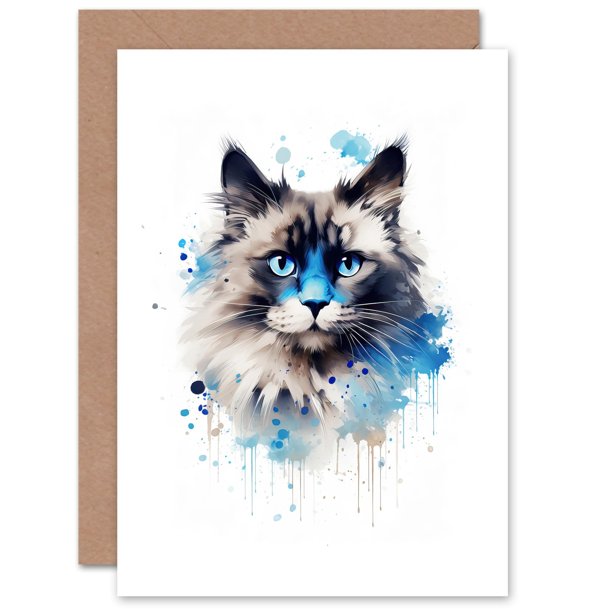 Artery8 Birman Cat Lovers Gift Watercolour Pet Portrait Painting Artwork Sealed Greeting Card Plus Envelope Blank inside