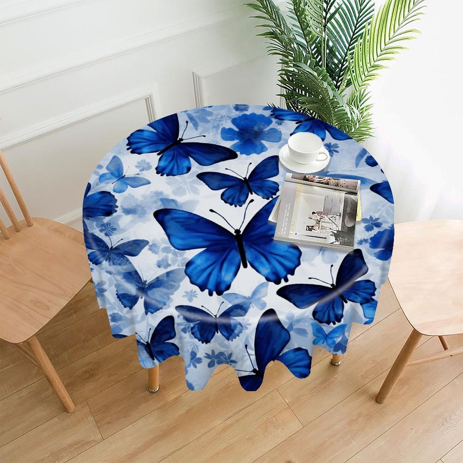 VstaDank Blue Butterflies Tablecloth Easy to Clean Polyester Round Table Cover Washable Round Table Cloth Wrinkle-Free Circle Decoration Tablecloth for Kitchen Dining Room 60"