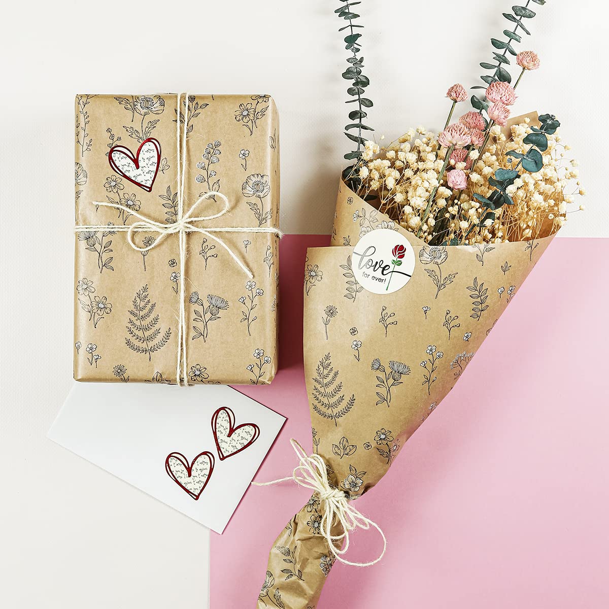 PAKOT – Papel Kraft con Plantas y Flores en Bobina para Envolver y Embalaje Comercial – Kraft Natural – 70 cm x 100 m