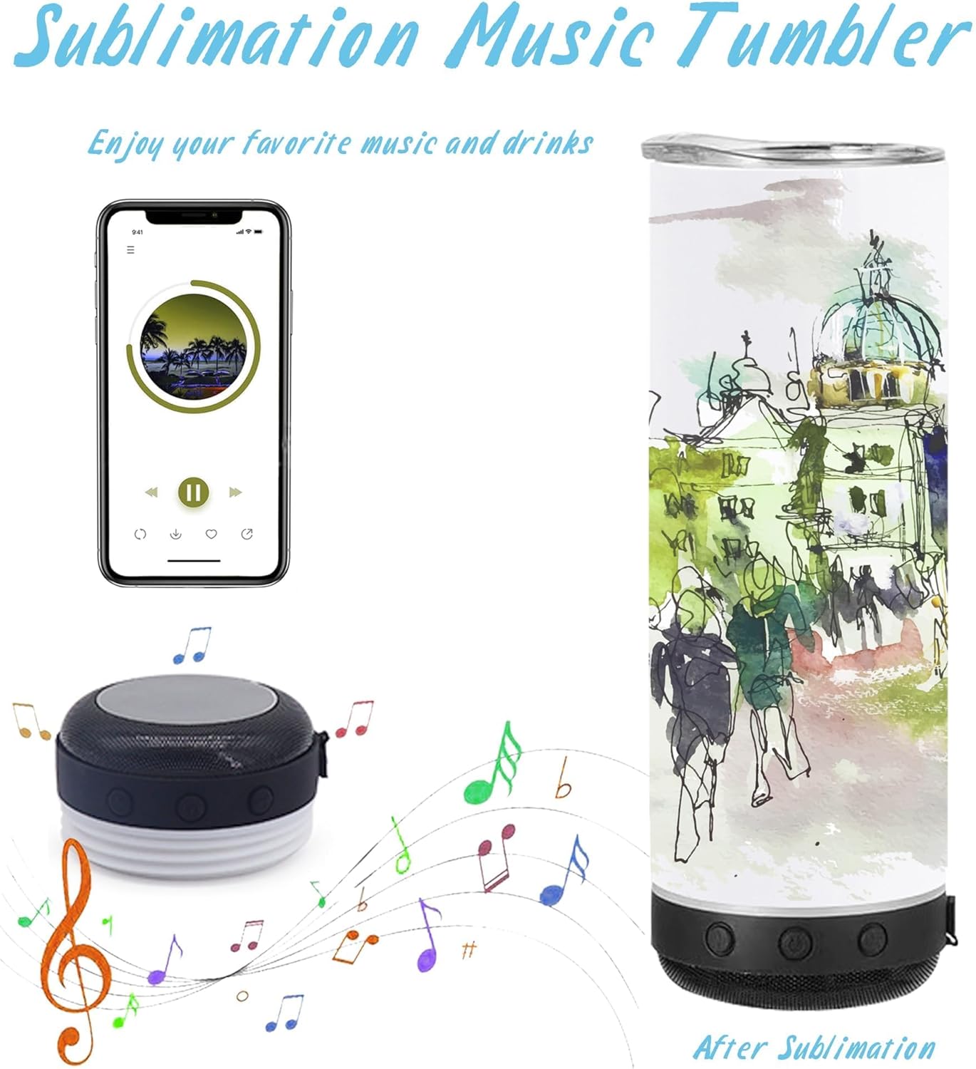 1Pcs 20oz Sublimation Music Speaker Blank Tumbler Cup with Lid Double Wall Vacuum Insulated Bluetooth Speaker Skinny Straight Tumblers (black, 1) - Image 4