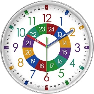 XFM Colorful Teaching Time Wall Clock 12 Inch for Kids Room Classroom | Battery Operated Silent Non Ticking Analog Colorful Educational Decorative for School Playroom