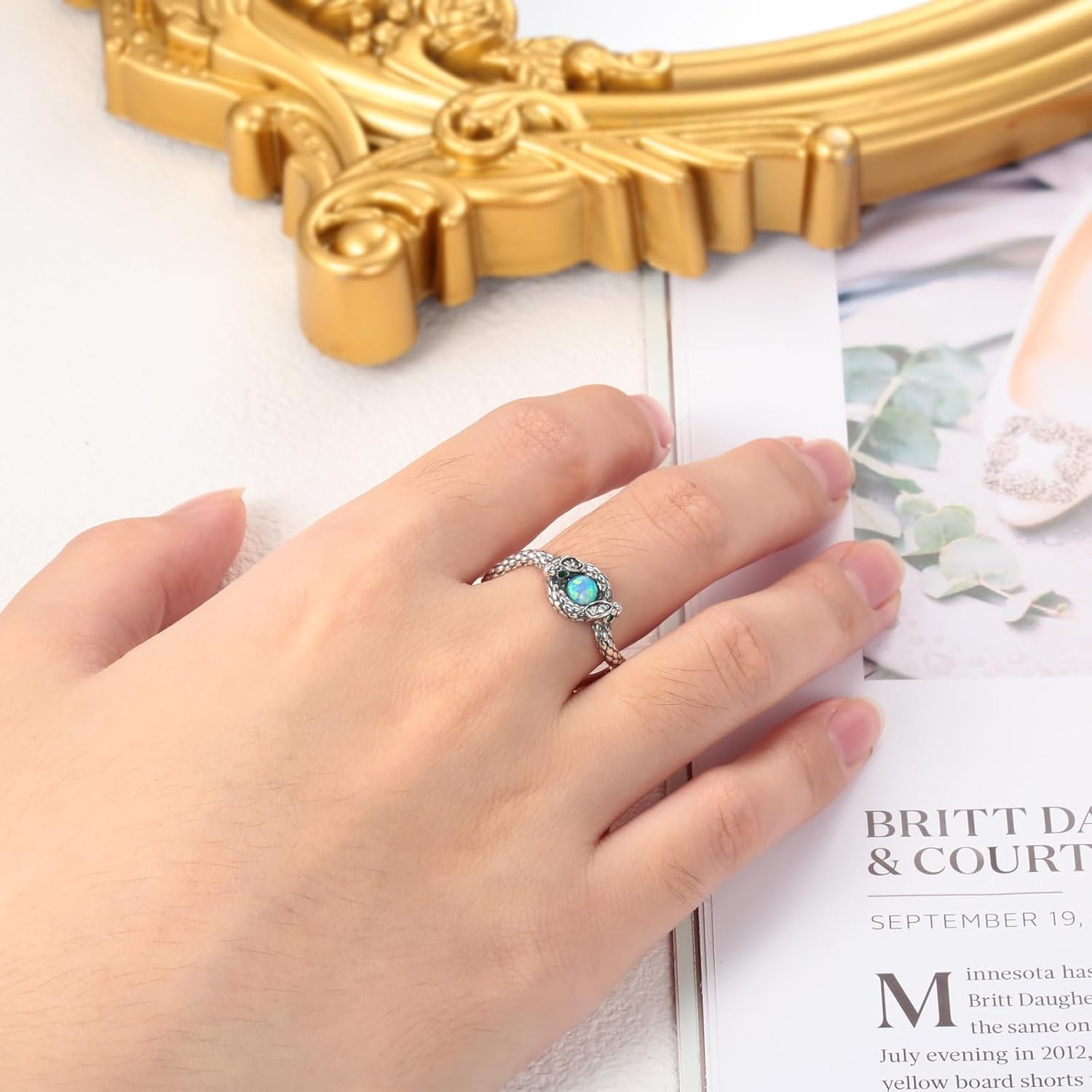 Sterling Silver Snake Ring for Women: Vintage Opal Stackable Ring Jewelry Gifts for Snake Lovers - Image 2