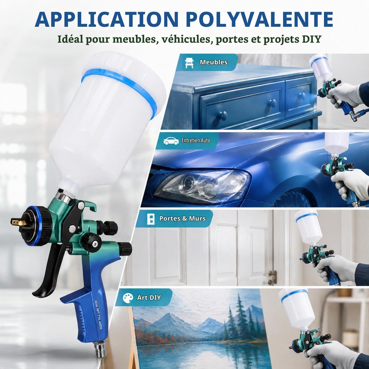 HVLP Pistolet à Peinture Pneumatique, 1,3mm Pistolet Peinture Carrosserie | 600ml Pistolet Peinture Air Comprimé PulvéRisateurs De Peinture, Avec Largeur De PulvéRisation 17-21cm Pour Murs, Automobile