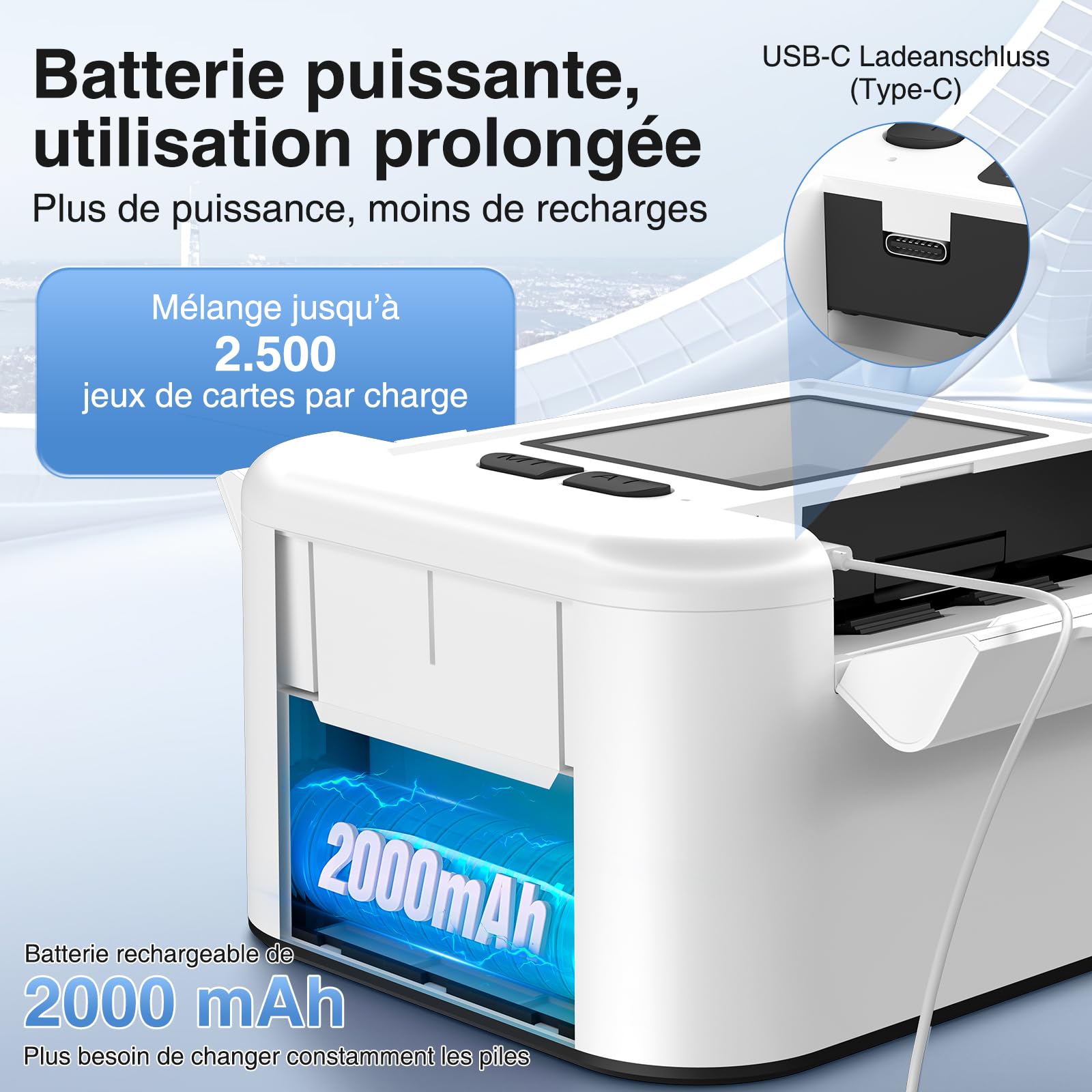 Melangeur de Carte Électronique - Mélangeur de Carte Automatique avec Batterie 2000mAh Rechargeable, Mode Auto et Manuel, Trieur de Cartes à Jouer Automatique pour 1-2 Jeux, UNO, Poker, Blackjack