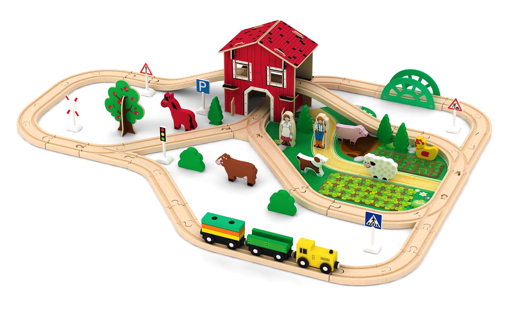 Montessori Holz Eisenbahn Set City Train – 77-teiliges Deluxe Set mit Tieren, Bauernhof & Zubehör – Lernspielzeug ab 2 3 4 5 Jahren – Top Geschenkidee für Kinder