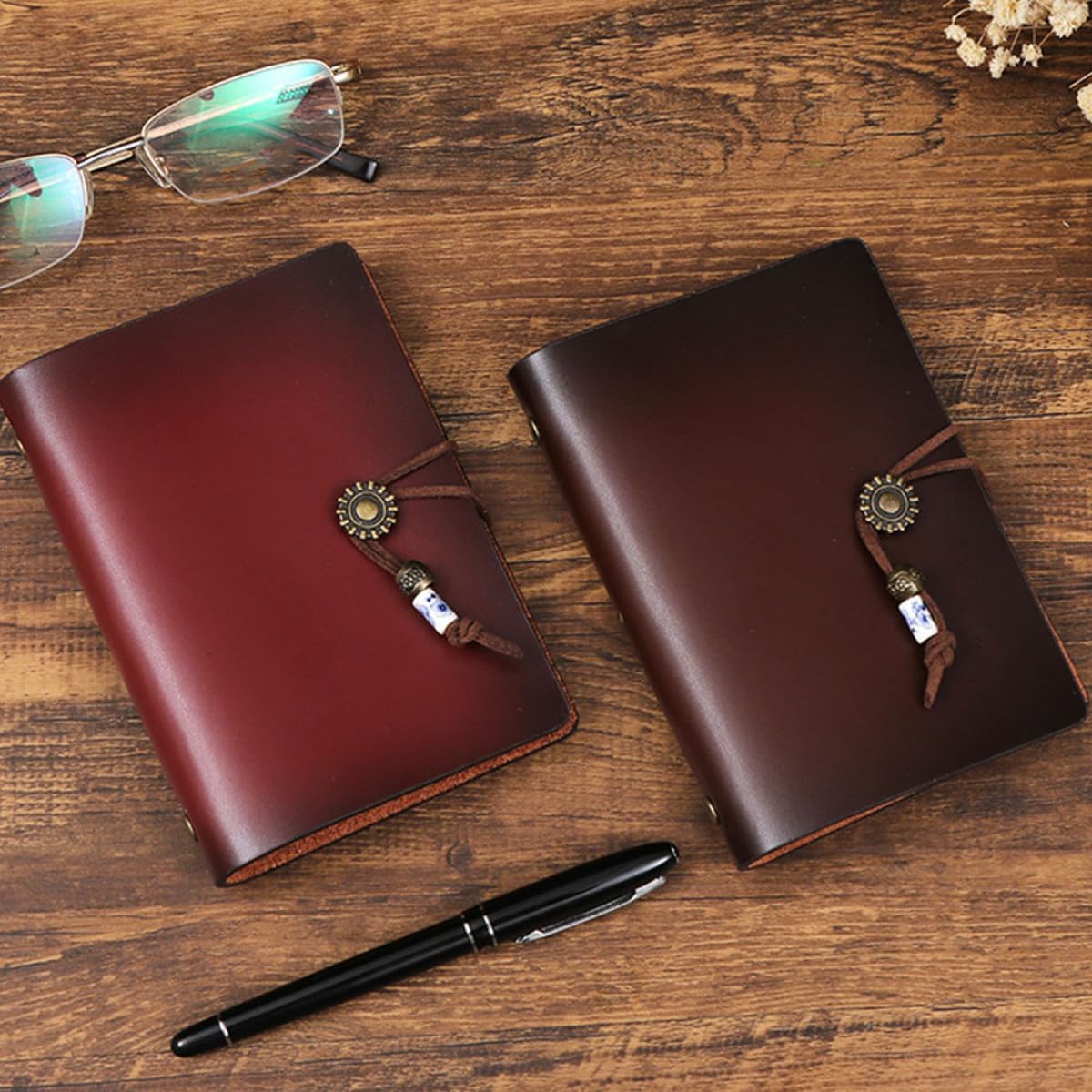 MOLUCKFU Refillable Leather Journal Notebook A7 Vintage Style Travel Journal for Men and Women Daily Planner Writing Notepad in Red Coffee