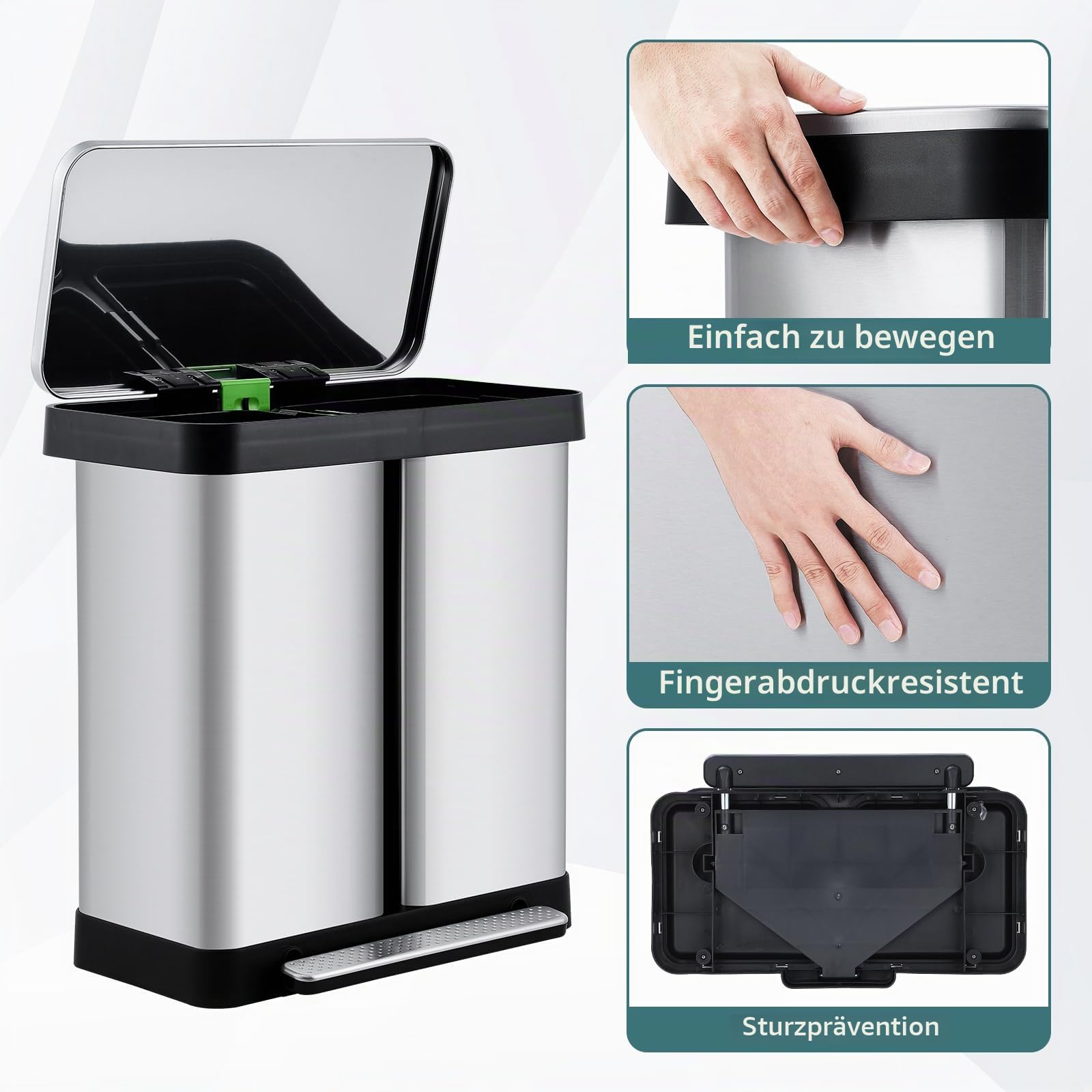 GarveeHome Mülleimer Küche,2 x 36 L Mülltrennsystem Edelstahl Mülleimer 2 fächer tretmülleimer Doppeldeckel mülltrennung getrennten Fächern berührungsfreie Bedienung geräuscharme für Küche Haushalt