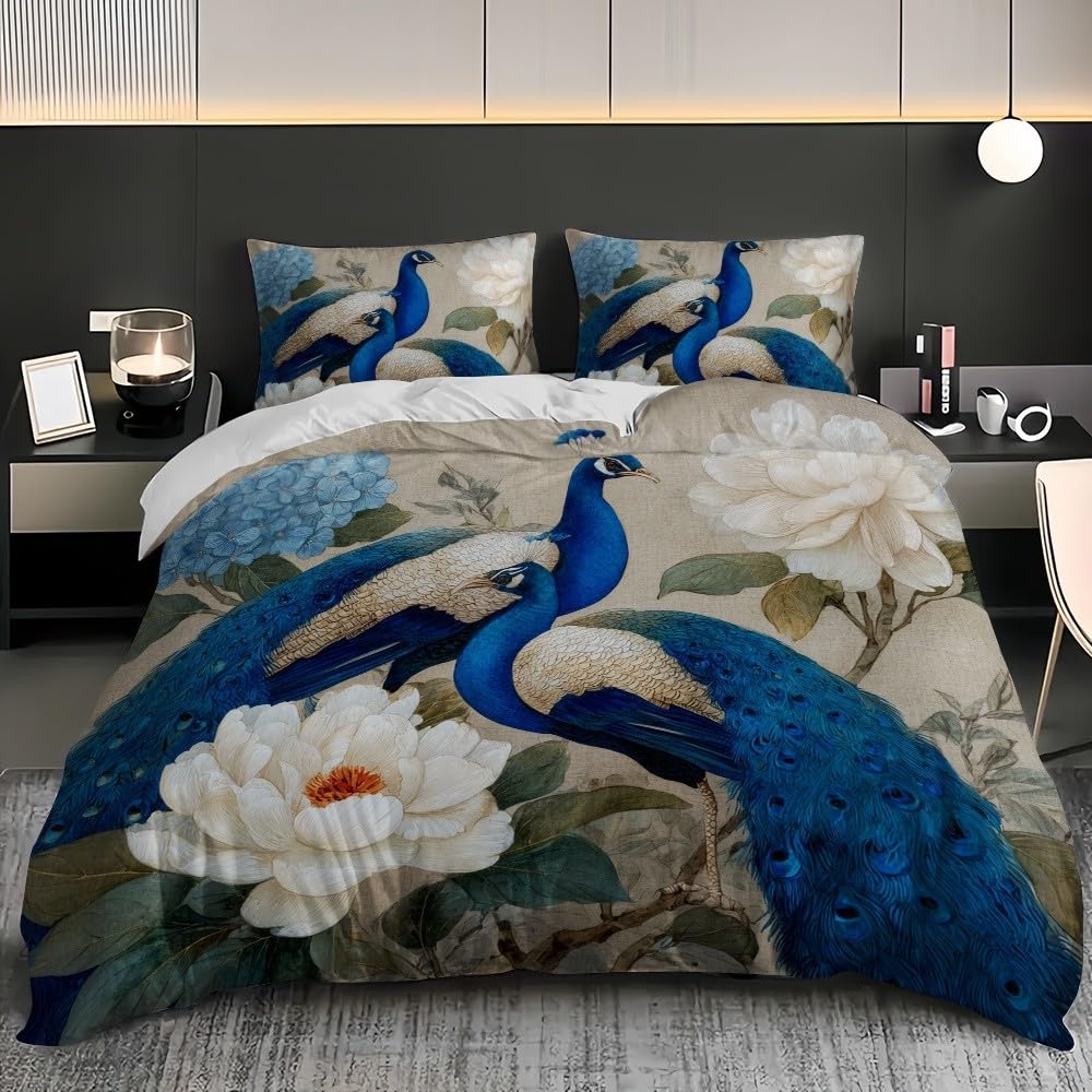 Pawie kwiaty retro poszewki na kołdrę Pościel 240 x 220 cm miękka wygodna niebieska mikrofibra poszewka na kołdrę zestaw pościeli z zamkiem błyskawicznym na wszystkie pory roku 3 sztuki