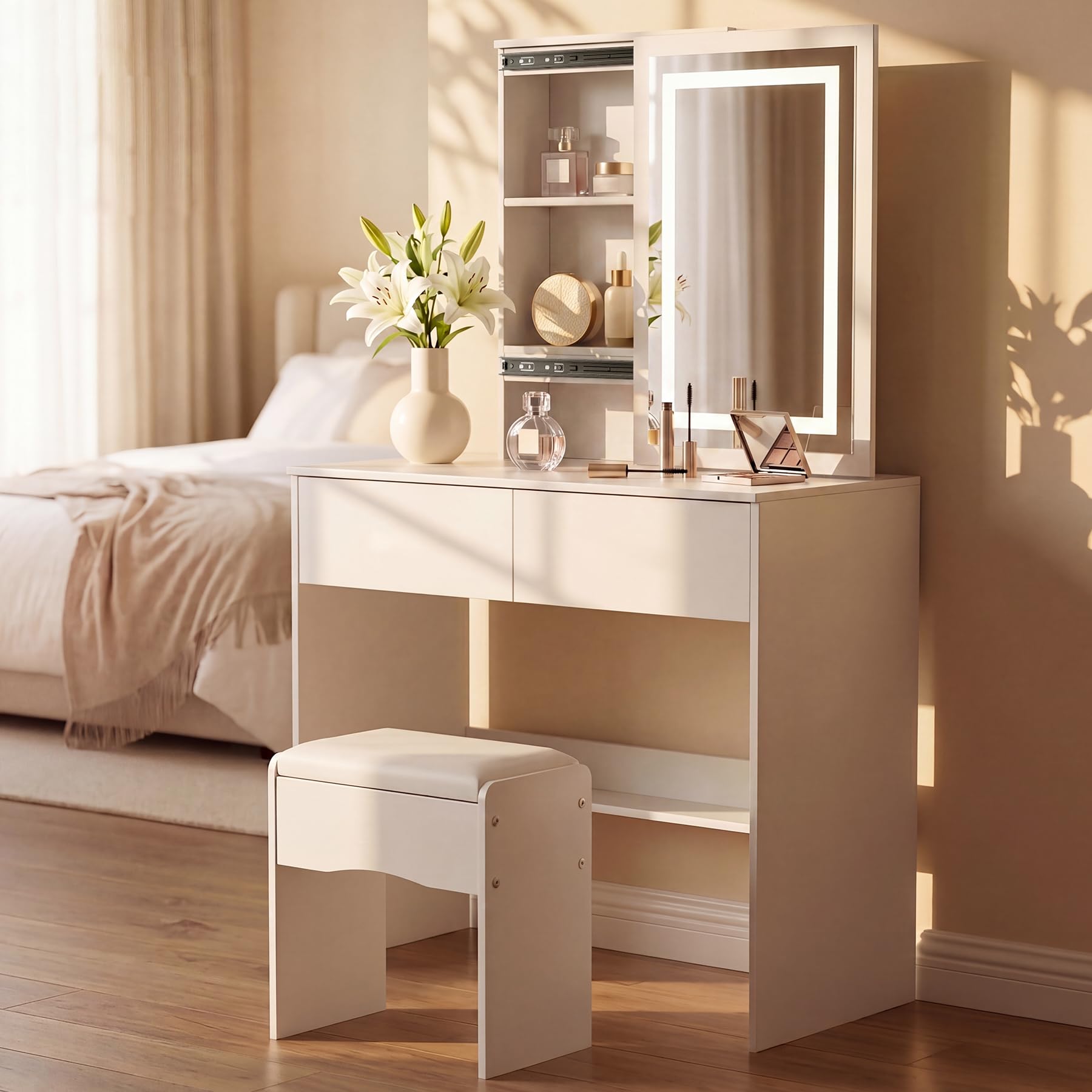 VWYUK Dressing Table with LED Lighting Mirror, 3 Lighting Modes Adjustable Brightness,Vanity Table,Makeup Desk with 2 Drawers, Modern White Dressing Table