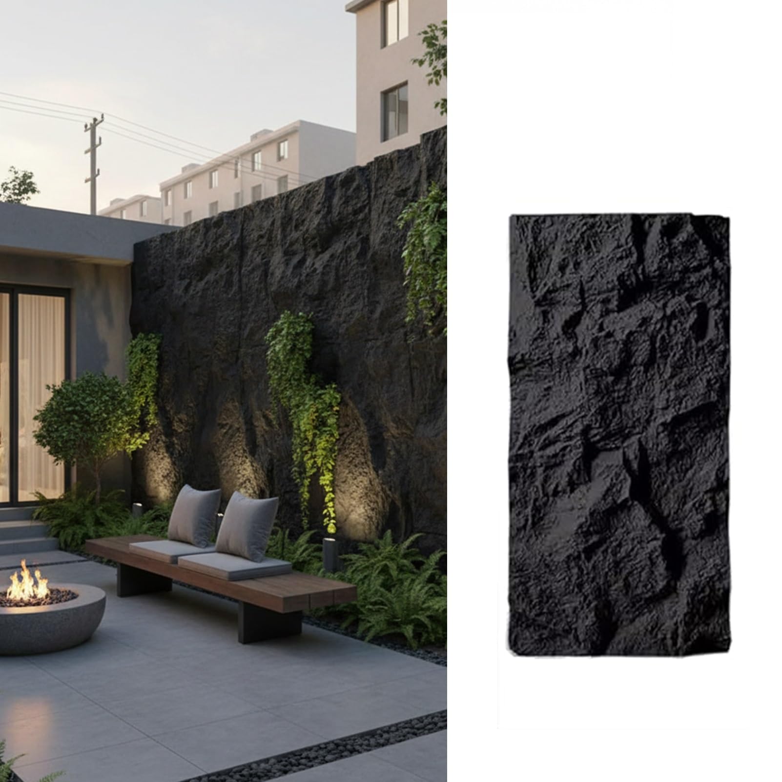 Paneles Decorativos de Pared 3D Efecto Piedra, Revestimiento de Piedra Artificial PU Impermeable, Panel Decorativo para Interior y Exterior, Instalación Fácil DIY(Negro,1 unidad)