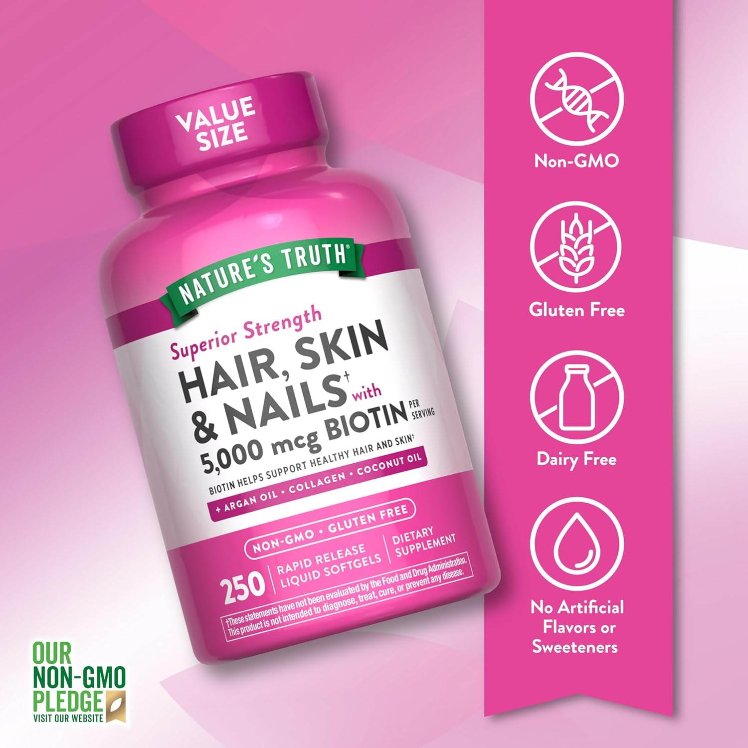 Nature's Truth Hair, Skin & Nails Vitamins | 5000mcg | 250 Softgels | Includes Collagen, Biotin and Coconut Oil | Non-GMO & Gluten Free Supplement for Women and Men - Image 3