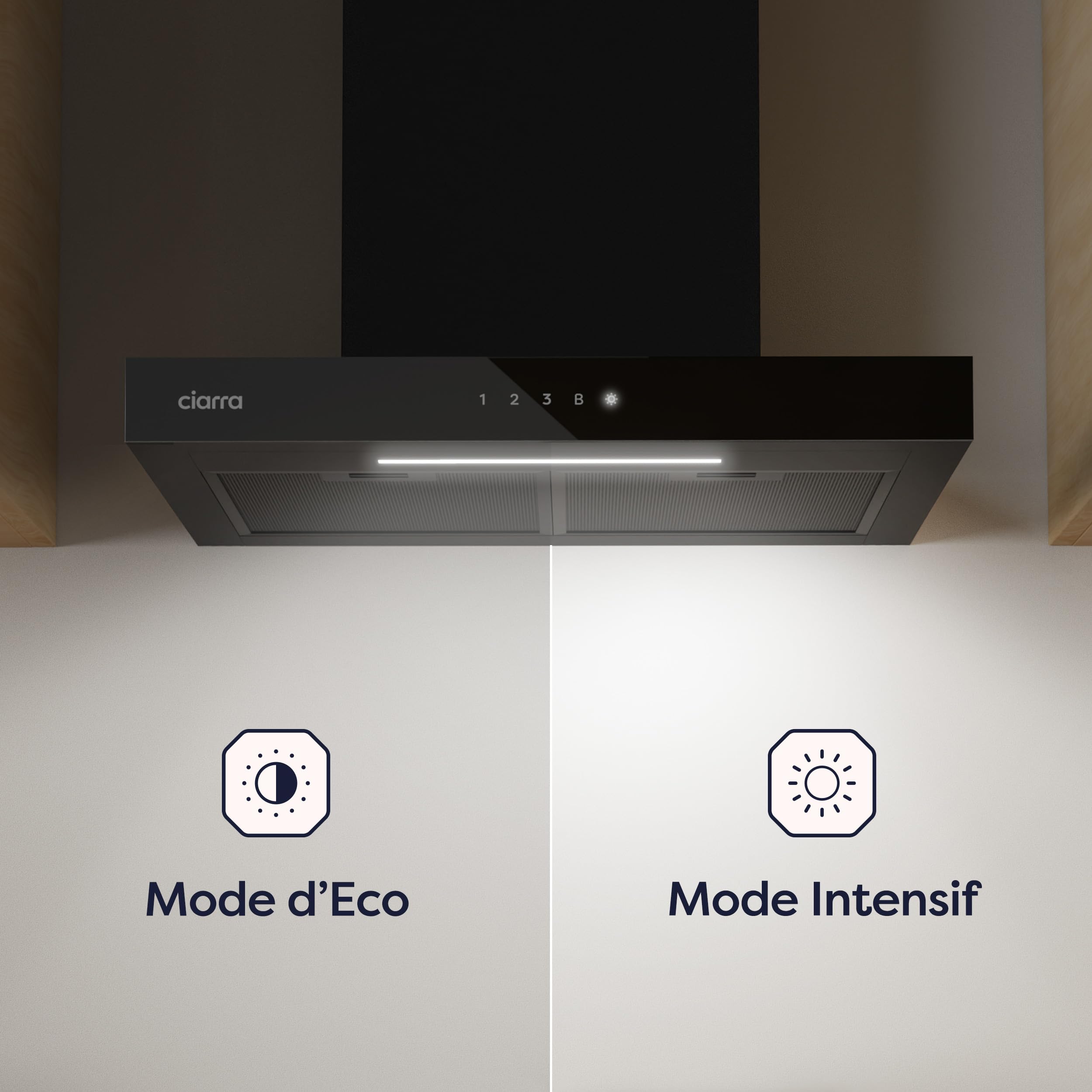 CIARRA CBCB6102 Hotte Aspirante 60 cm A+++ 650 m³/h - App & TouchControl - 4 Vitesses + Booster - Recyclage & Évacuation - Filtre à Charbon CBCF003 - Noire
