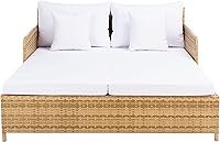 SAFAVIEH Cadeo Outdoor Daybed with Natural Faux Wicker & Plush White Cushions - PAT7500D Poolside Lounge