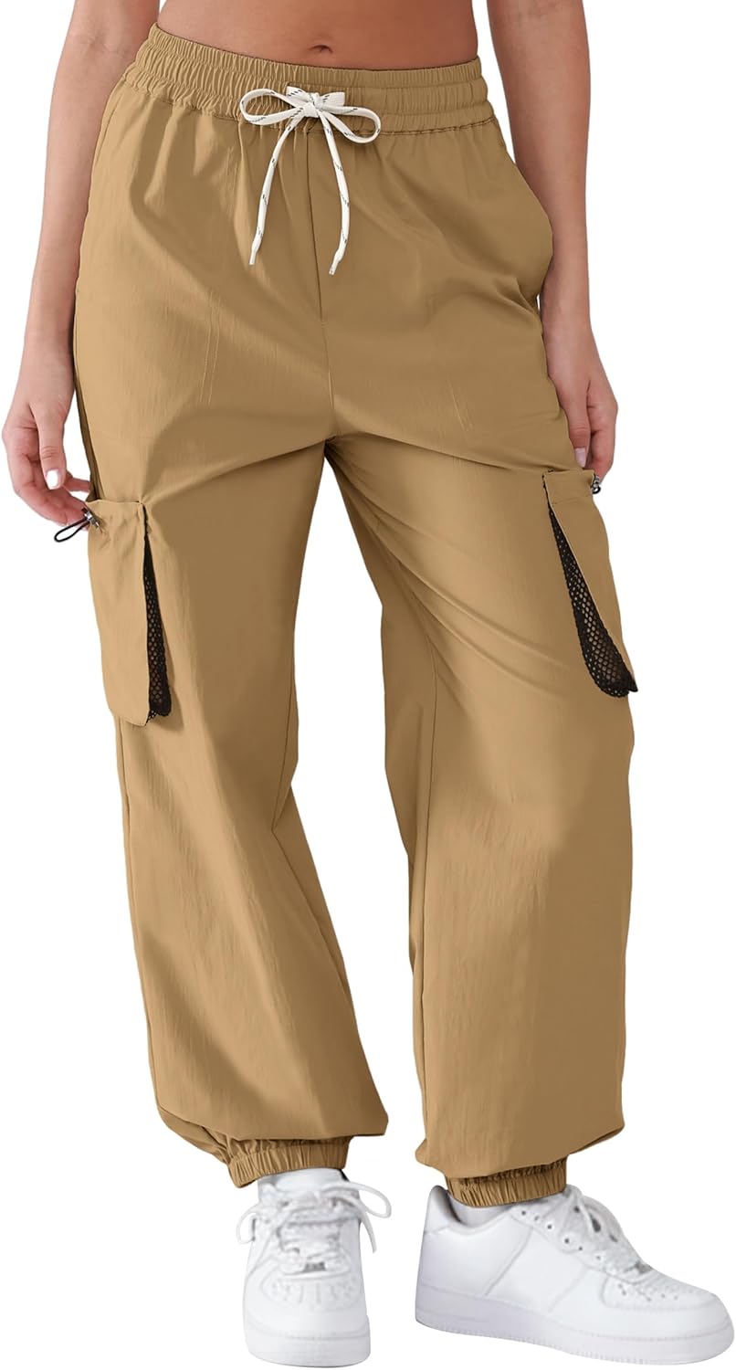 Women's Parachute Cargo Pants Quick Dry Lightweight Hiking Pants with 4 Pockets Water Resistant Travel Casual