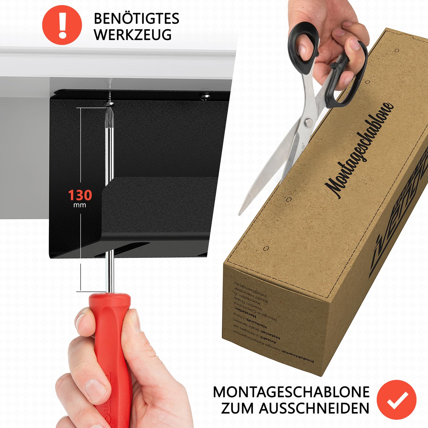 iVengo® XL kanał kablowy biurko z atestem TÜV [2x50cm] do idealnego zarządzania kablami - przestronne kanał kablowy pod biurko [zestaw 2] - solidna i elegancka wanna kablowa – czarny matowy