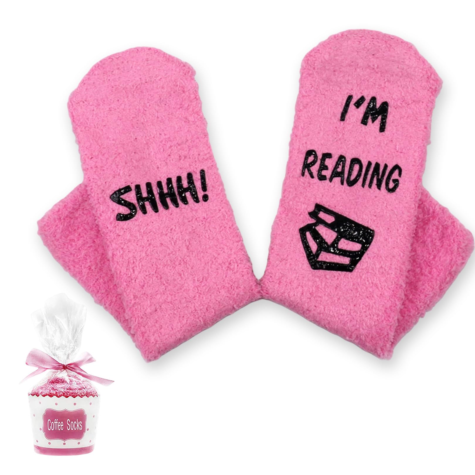 HLMYER 1 Pair Gifts for Book Lovers,Book Gifts for Women,Cotton Funny Novelty Socks Gifts for Readers,Presents for Book Lovers Women and Men,SHHH! I'M READING Fluffy Stocking Novelty Socks(Pink)
