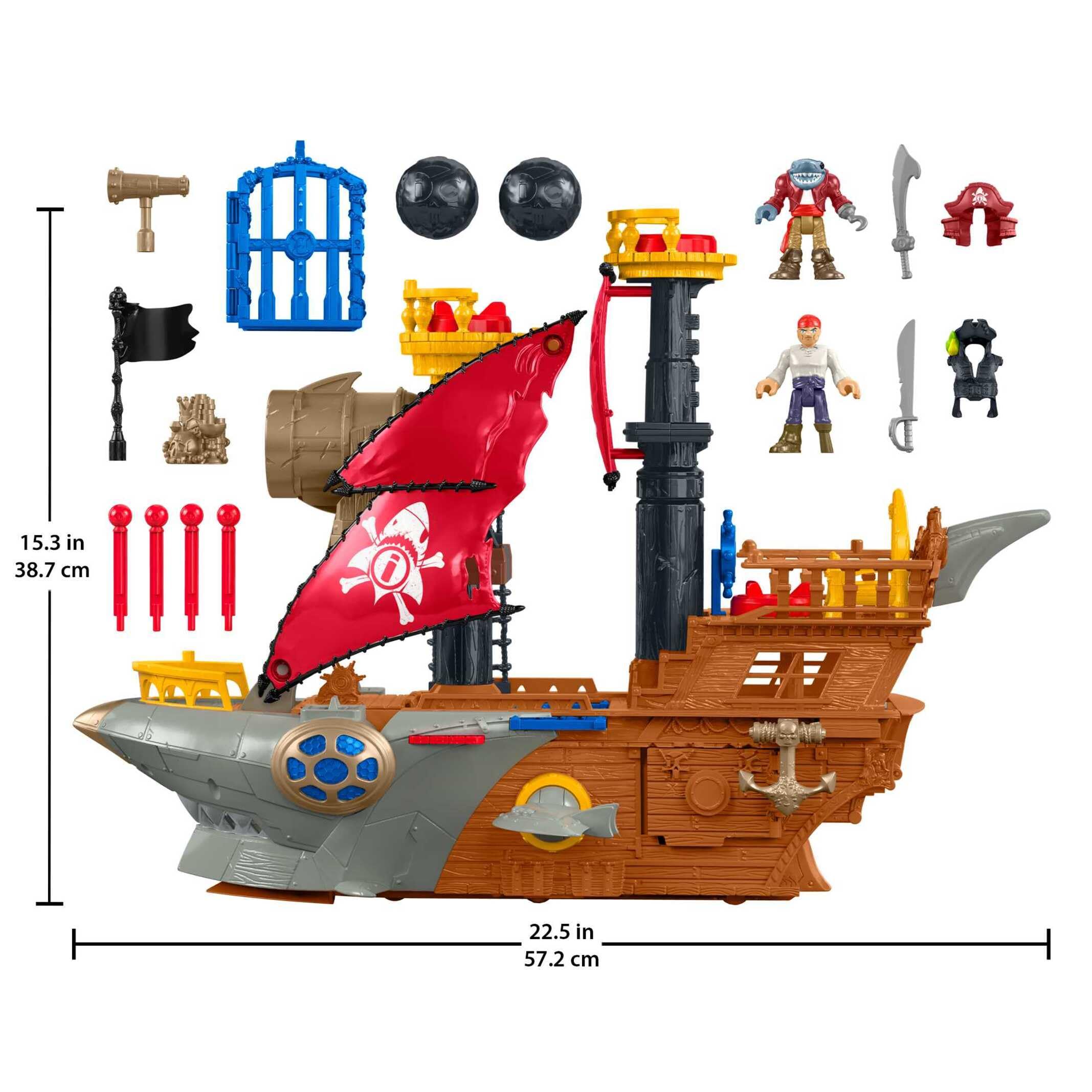 Fisher-Price Imaginext Conjunto de juego Barco pirata-tiburón, juguete de preescolar con figura y accesorios para juego de imitación, para niños y niñas a partir de 3 años, HGN68