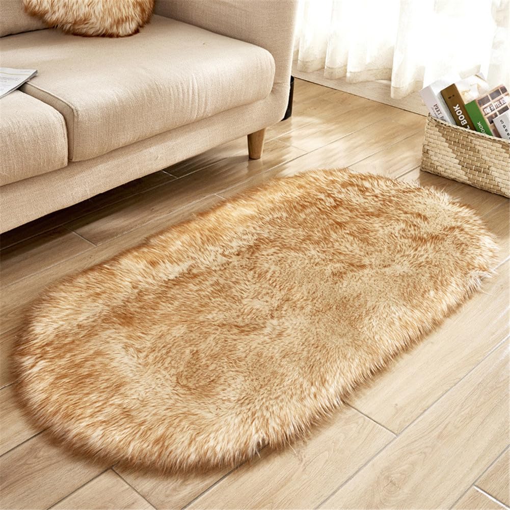 Treer Soft Rugs Living Room Anti Slip Area Rugs for Bedroom Modern Oval-shaped Shaggy Thick Pile Rug Fluffy Floor Carpets Washable Mat Bedside Rugs for Kids Room (white yellow,60x90cm) โ image 1