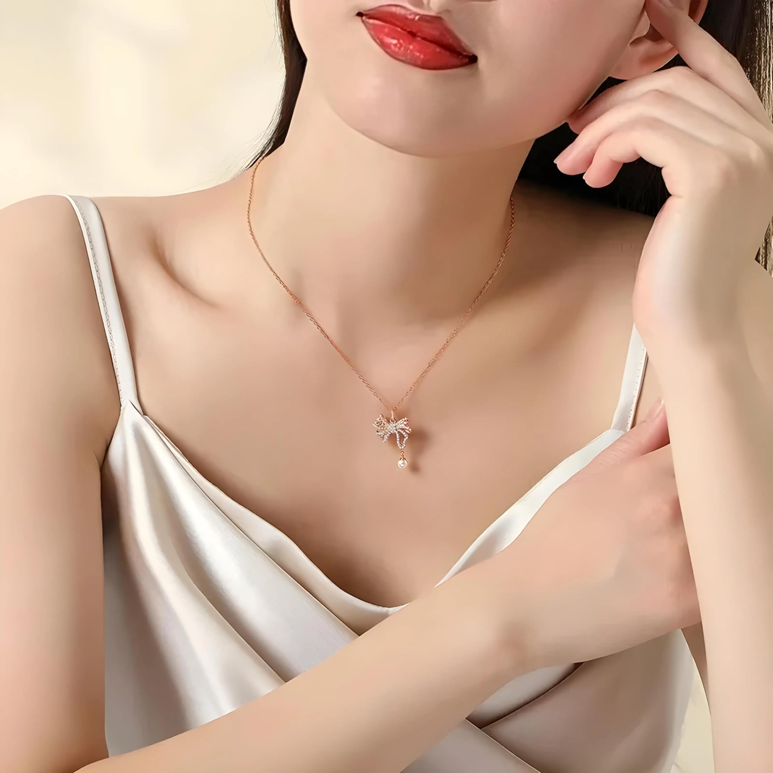 Feng Shui Akcesoria dziewczęce European Pave AAA CZ Bow-knot 925 Sterling Silver naszyjnik łańcuszek dla kobiet prezent urodzinowy biżuteria ślubna-T88 prezent urodzinowy