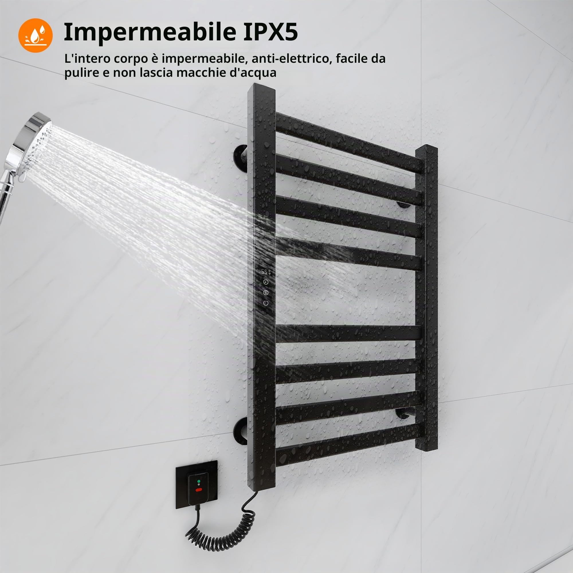 Portasciugamani Elettrico 450x700mm Scaldasalviette Radiatore da Bagno Elettrico Portasciugamani intelligente Termosifone Asciugabiancheria, riscaldamento in fibra di carbonio, antracite-Black Left