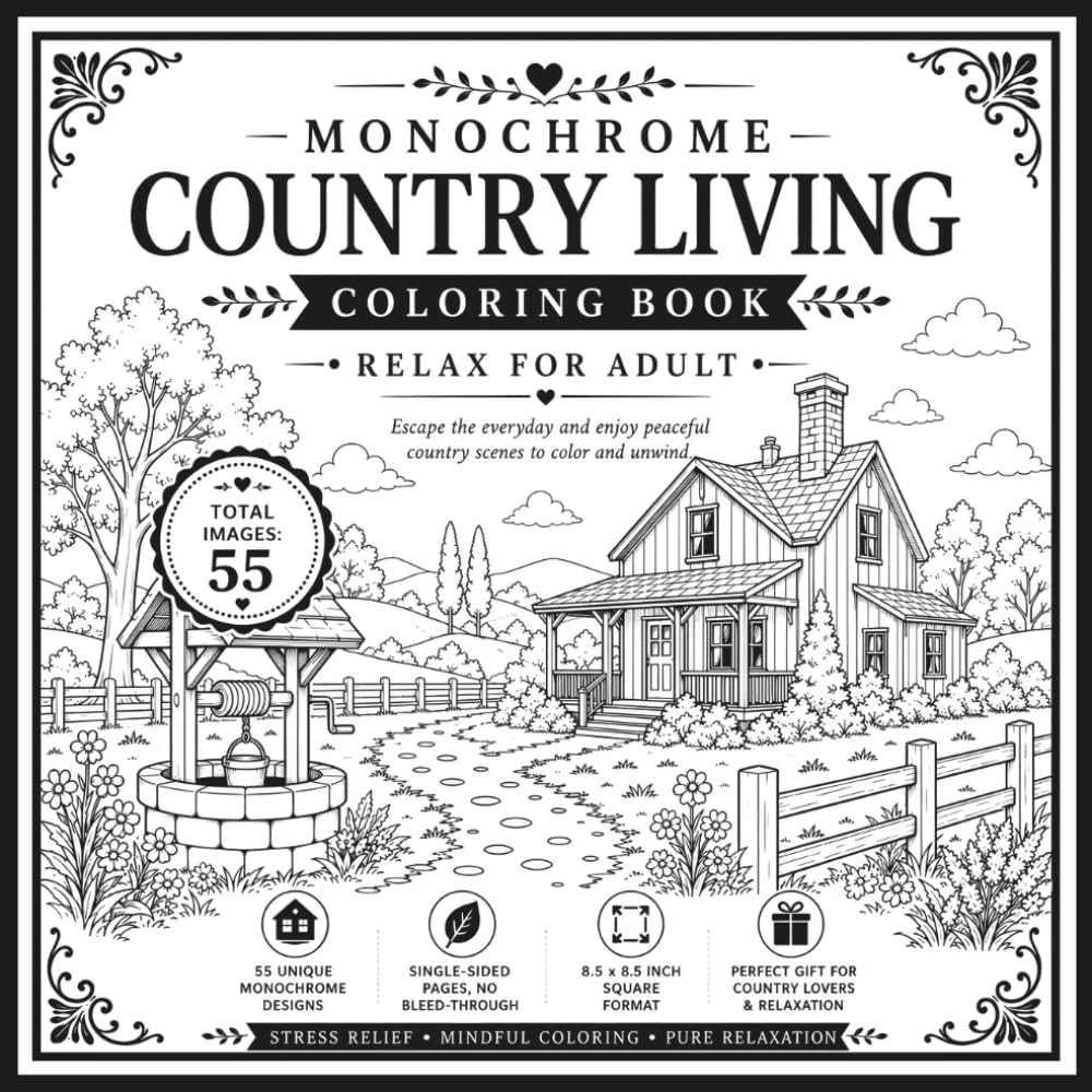 Farmhouse Country Living: A Monochrome Coloring Book: 55 Cozy Cottages, Barns, Horses and Rural Scenes for Adults to Relax and Unwind