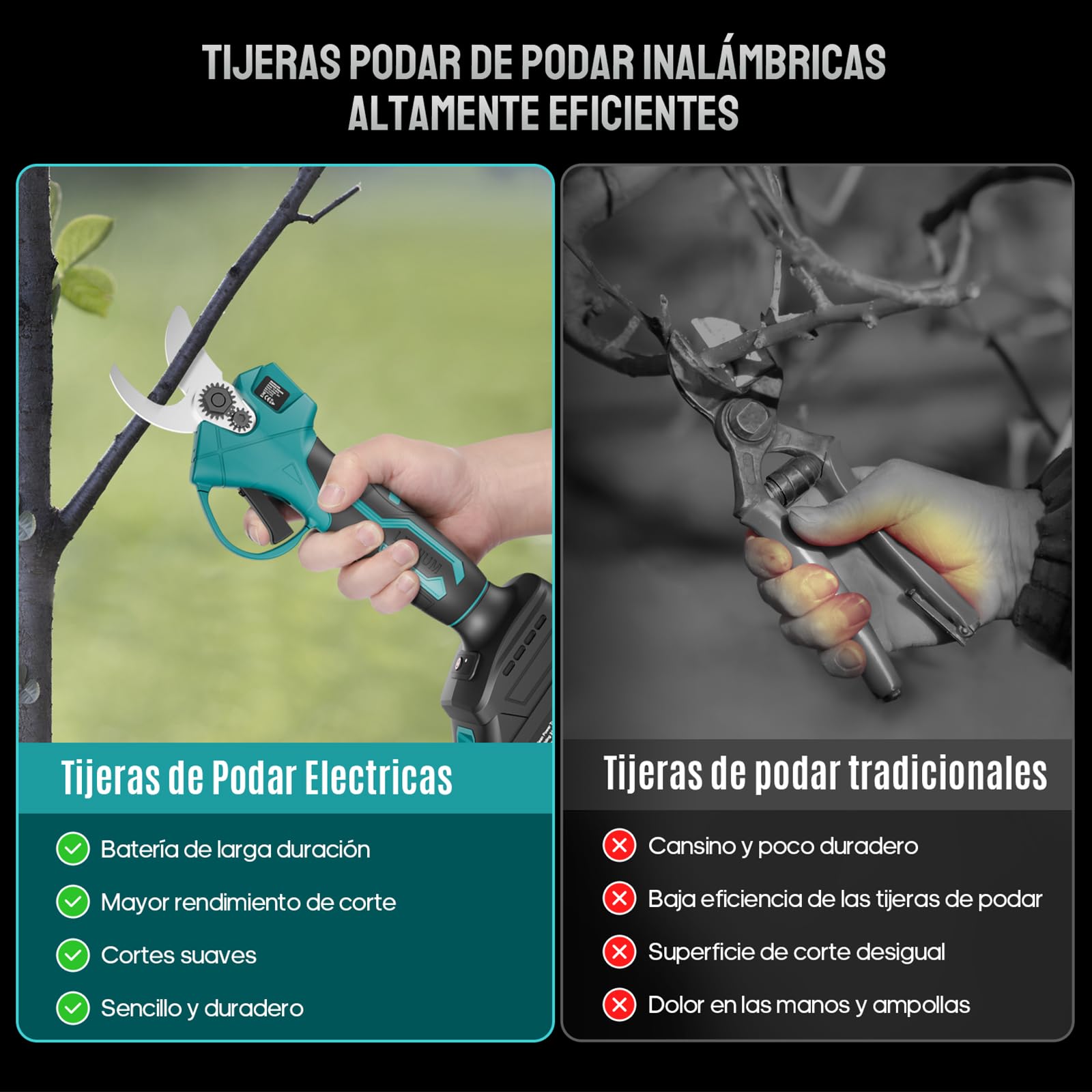 Geevorks Tijeras de Podar Eléctricas,Tijeras de Podar Bateria Profesional,Inalámbricas, Tijeras de Jardín Eléctricas,2 * 2000mAh Batería,Diámetro Máximo de Corte de 30 mm,para Jardines, Ramas,Huertos