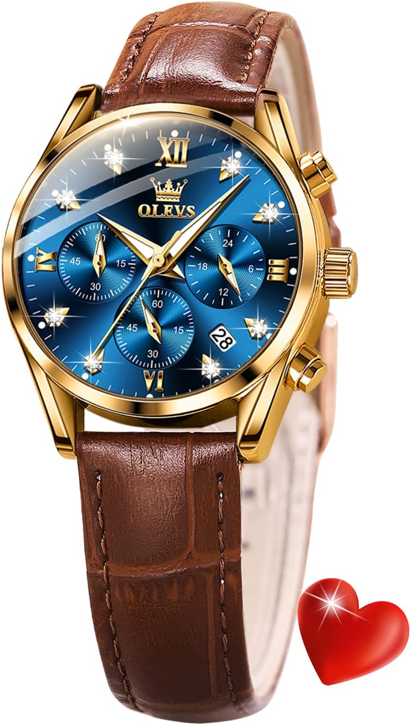 OLEVS Women Watch Brown Leather Straps Ladies Rose Gold Elegant Luxury Dress Chronograph Waterproof Wrist Watch Date Day