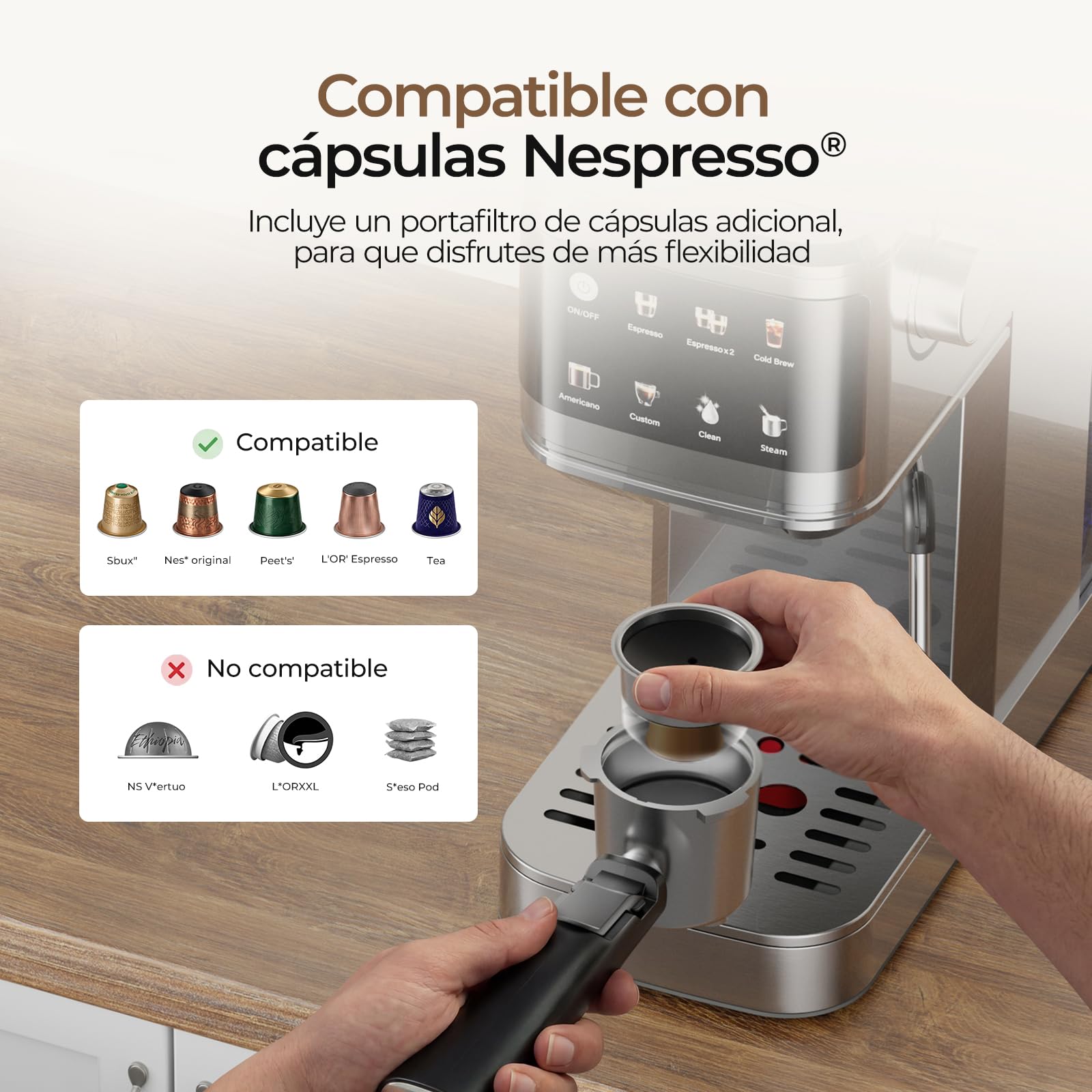 VIOMI T1B Pro 20 Bar Cafetera Espresso con Espumador de Leche, 2 en 1 | Café Molido y Cápsulas, Cold Brew, Pantalla Táctil, Para Cappuccino y Latte, Autolimpieza, Depósito 1,1 L, Acero Inoxidable