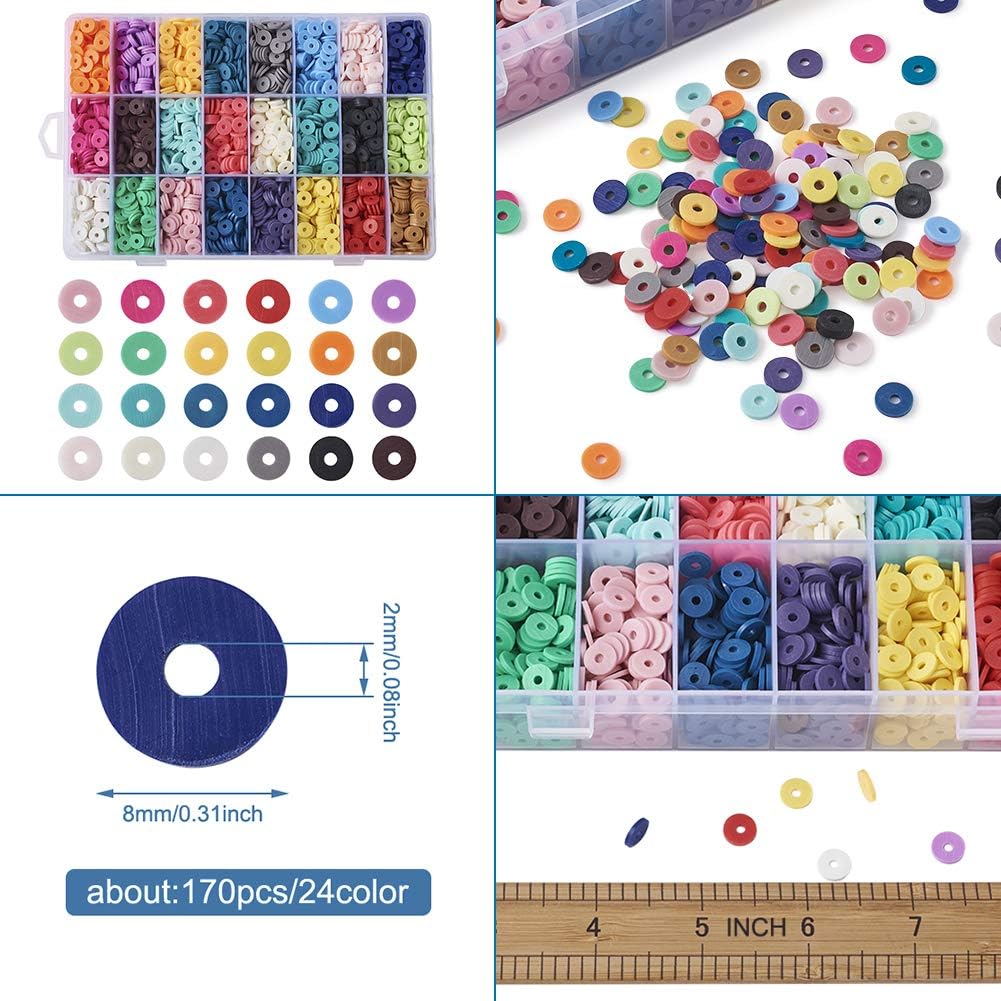4080pcs/box Flat Round Polymer Clay Spacer Beads 8mm Handmade Rondelle Disc Slice Heishi Loose Beads 24 Colors for DIY Jewelry Earring Bracelet Necklace Craft Making