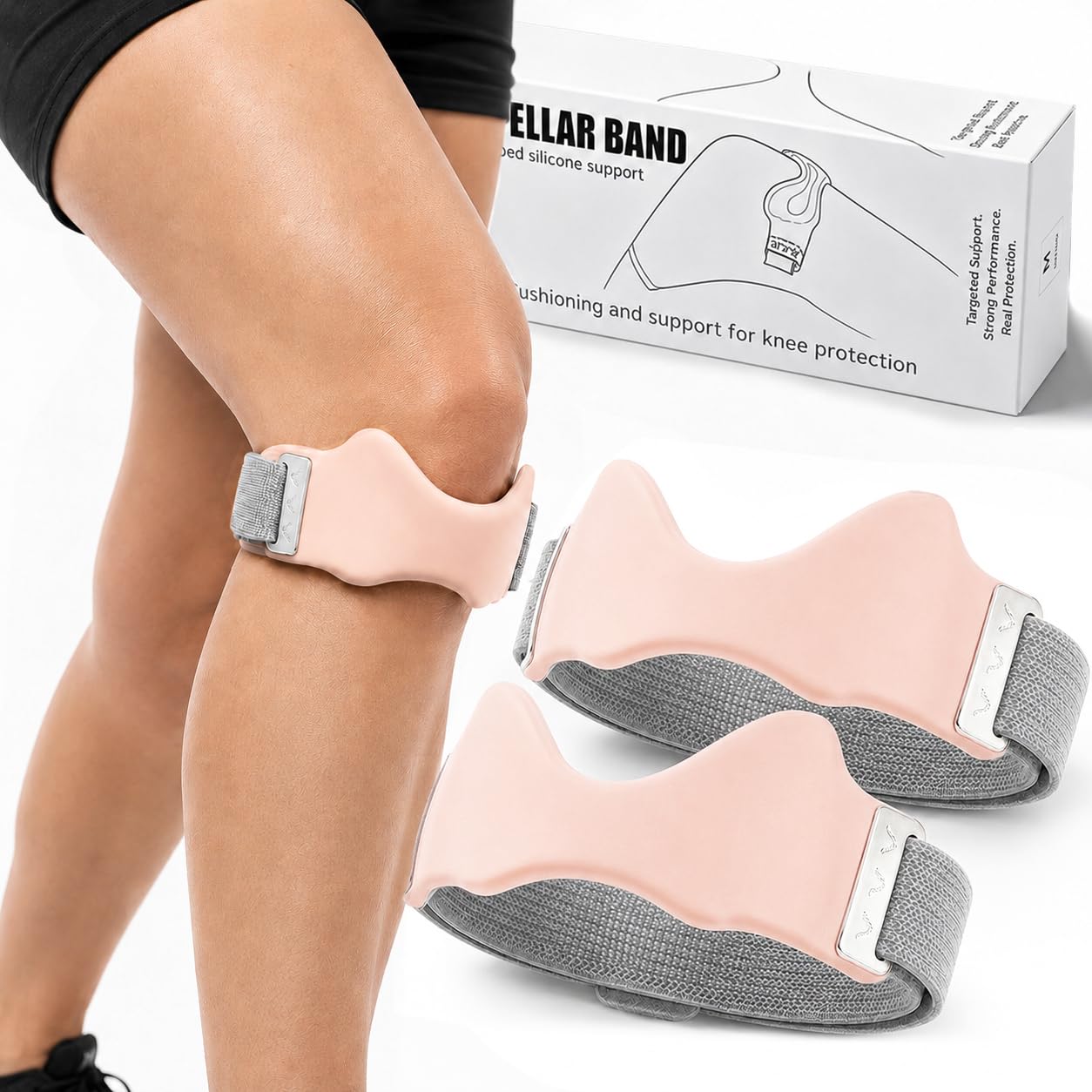 Kouipoie Knee Strap with Silicone Grip Pad, Adjustable Knee Strap for Running, Gym, Hiking and Sports, Breathable Support Strap for Men and Women (2PCS-Pink)