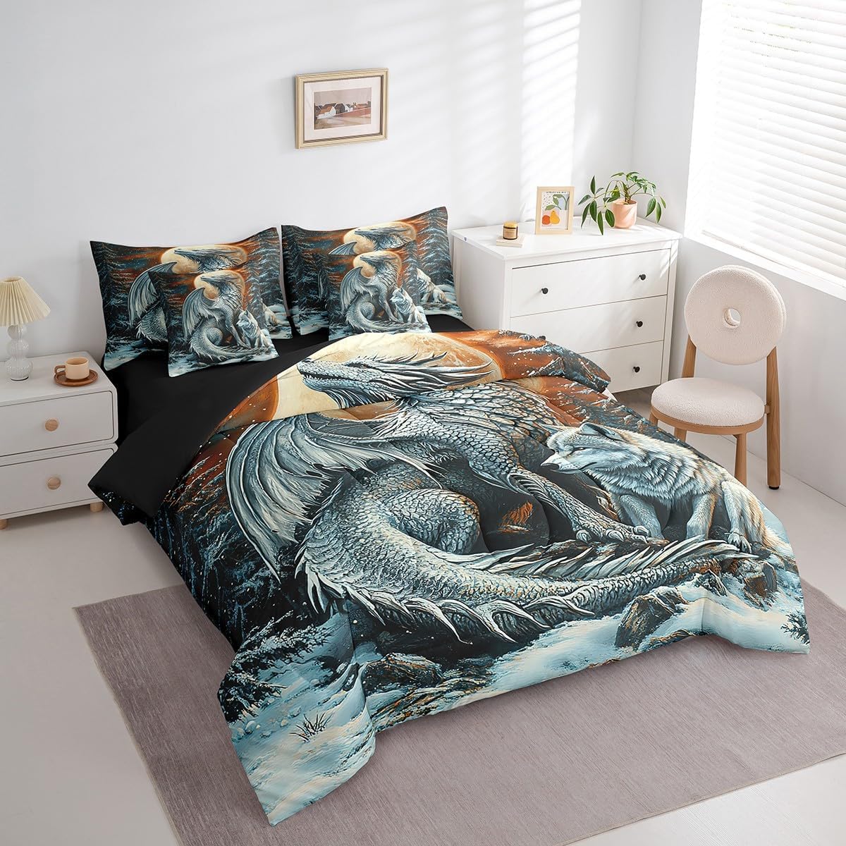 Castle Fairy Dragon Wolf Bedding Set,3D Western Wildlife Queen Comforter Set with Sheets for Kids Boys Girls Teens Room Decor,Magical Jungle Animal Bed in a Bag 7 Piece for Bedroom Living Room