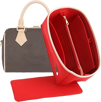 Doxo Purse Organizer Insert & Base Shaper 2pc Set, Felt Handbag Bag Fit LV Speedy & Neverfull More L-Red