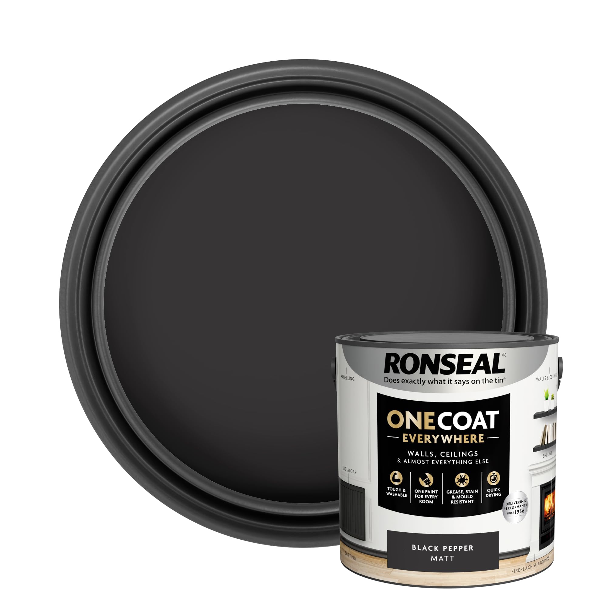 Ronseal One Coat Everywhere Paint Black Pepper Matt 2.5 L – Durable Interior Paint for Walls & Ceilings Smooth Finish Quick Coverage Ideal for Easy Home Projects