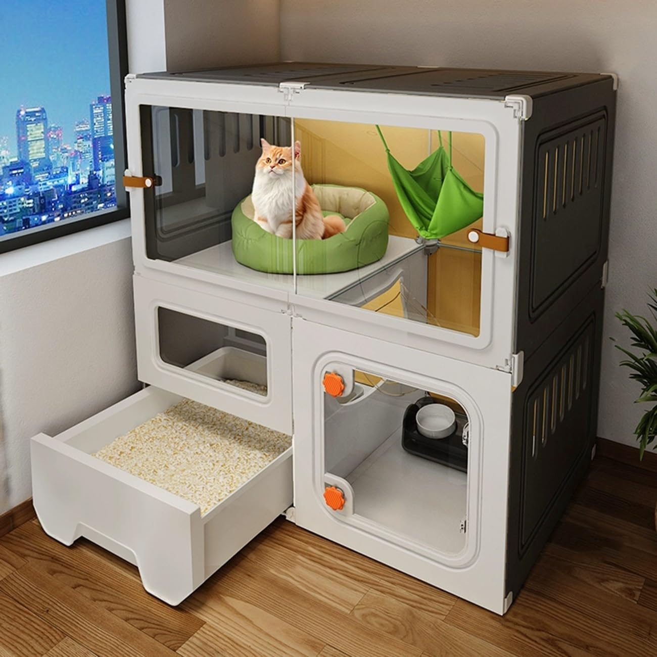 Large Indoor Cat Cage with Toilet, Easy Assembly Cat Enclosure, Feline Playpen, Spacious Cat Fence Panels for Happy Cats, Yellow 105x45x35cm