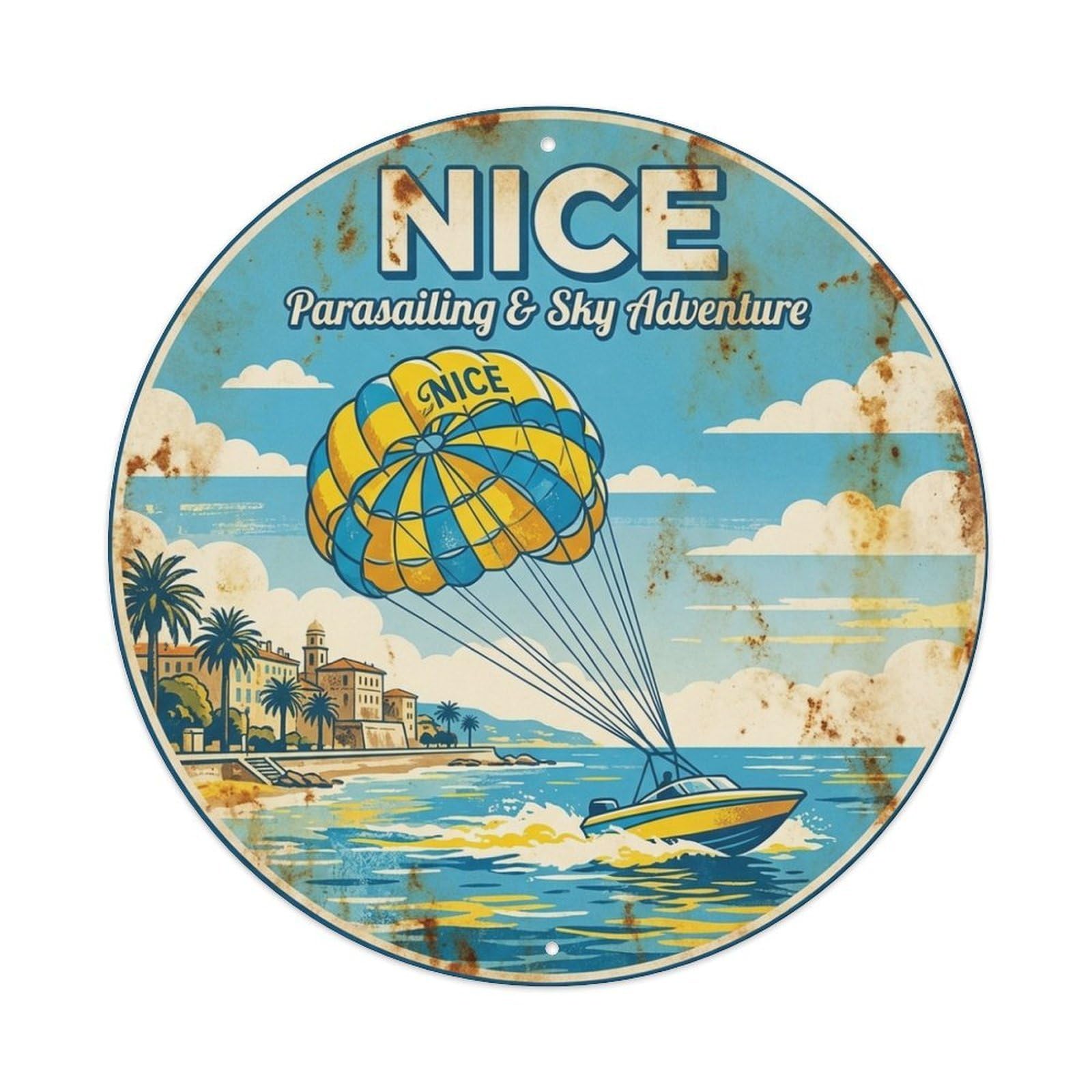 Nice Parasailing Sky Adventure Coastal Route Travel Metal Tin Sign