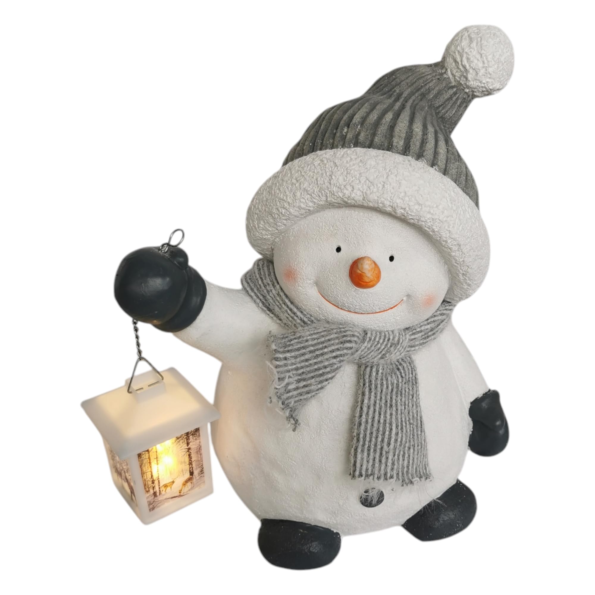 Schneemann Figur 37cm mit LED Laterne Weihnachtsdeko grau Weihnachten Advent Winter Deko groß