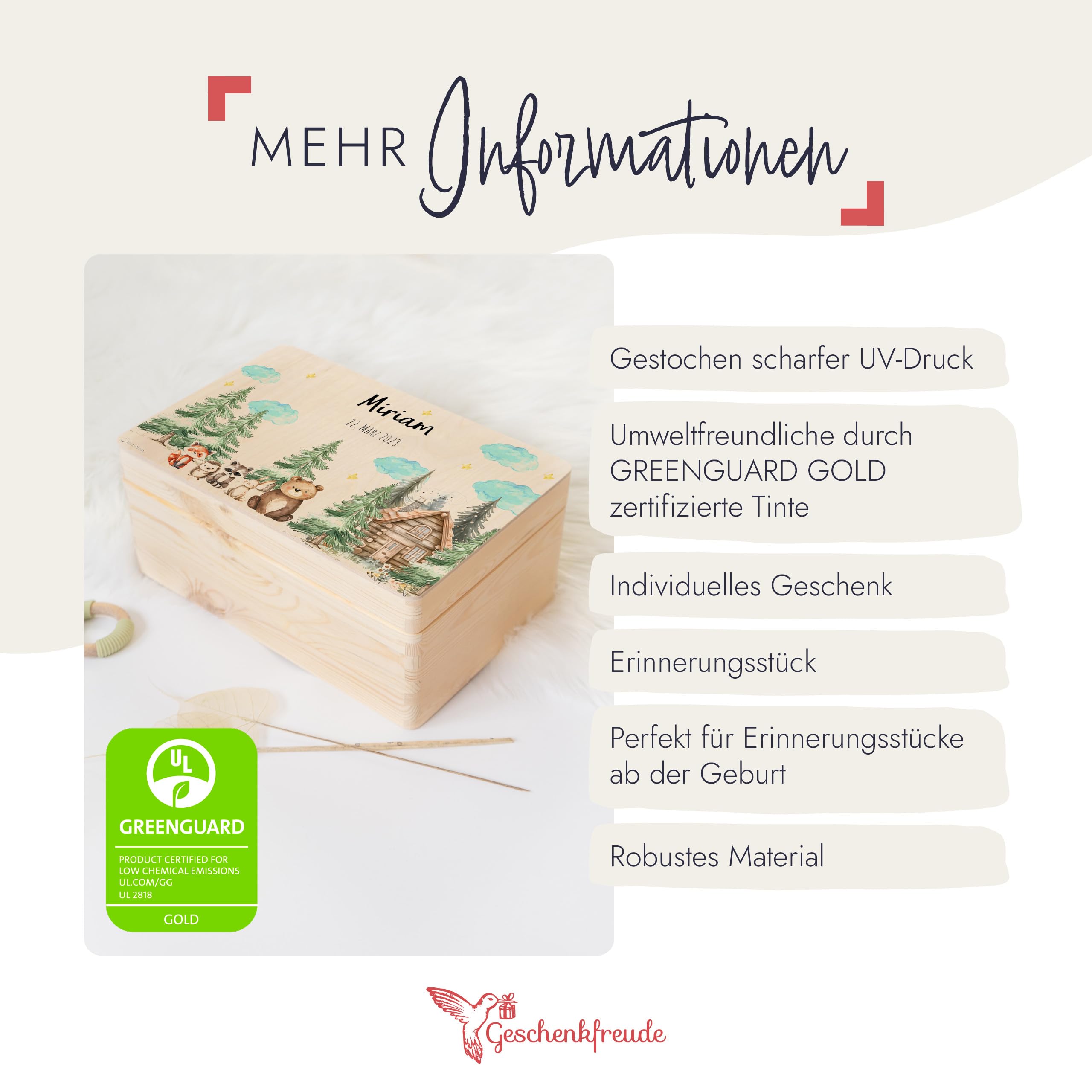 Geschenkfreude Erinnerungsbox Baby Personalisiert - 30x20x14cm - UV-Druck - Individuelle Baby Aufbewahrungsbox - Erinnerungskiste aus Holz - Einzigartige Geschenke zur Geburt - Waldfreunde Hütte