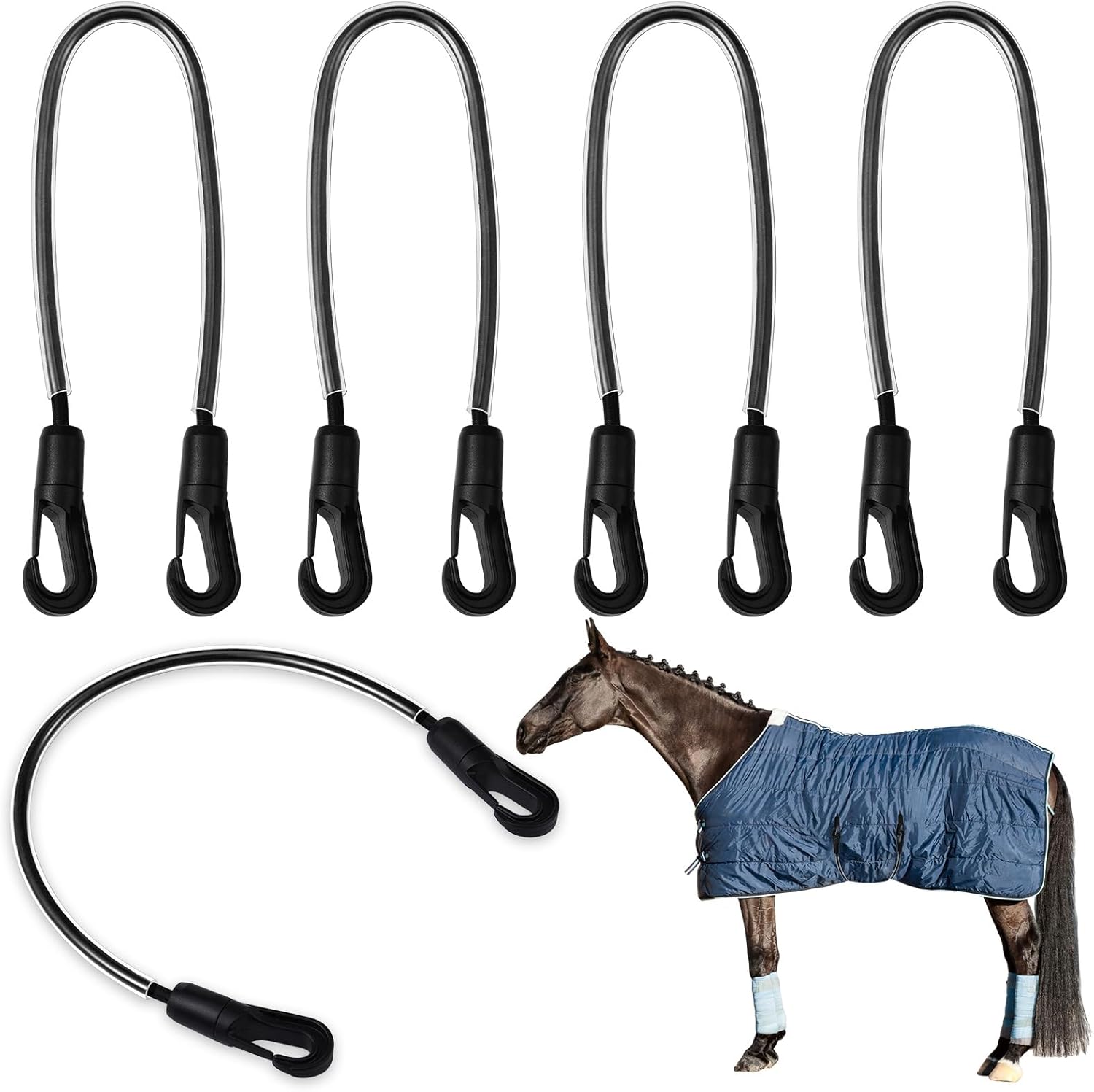 4 Pcs Horse Blanket Straps Adjustable Elastic Tail Strap with Double Ended Clips Stretchy Horse Blanket Leg Straps Replacement Elastic Legs Strap,16 inch