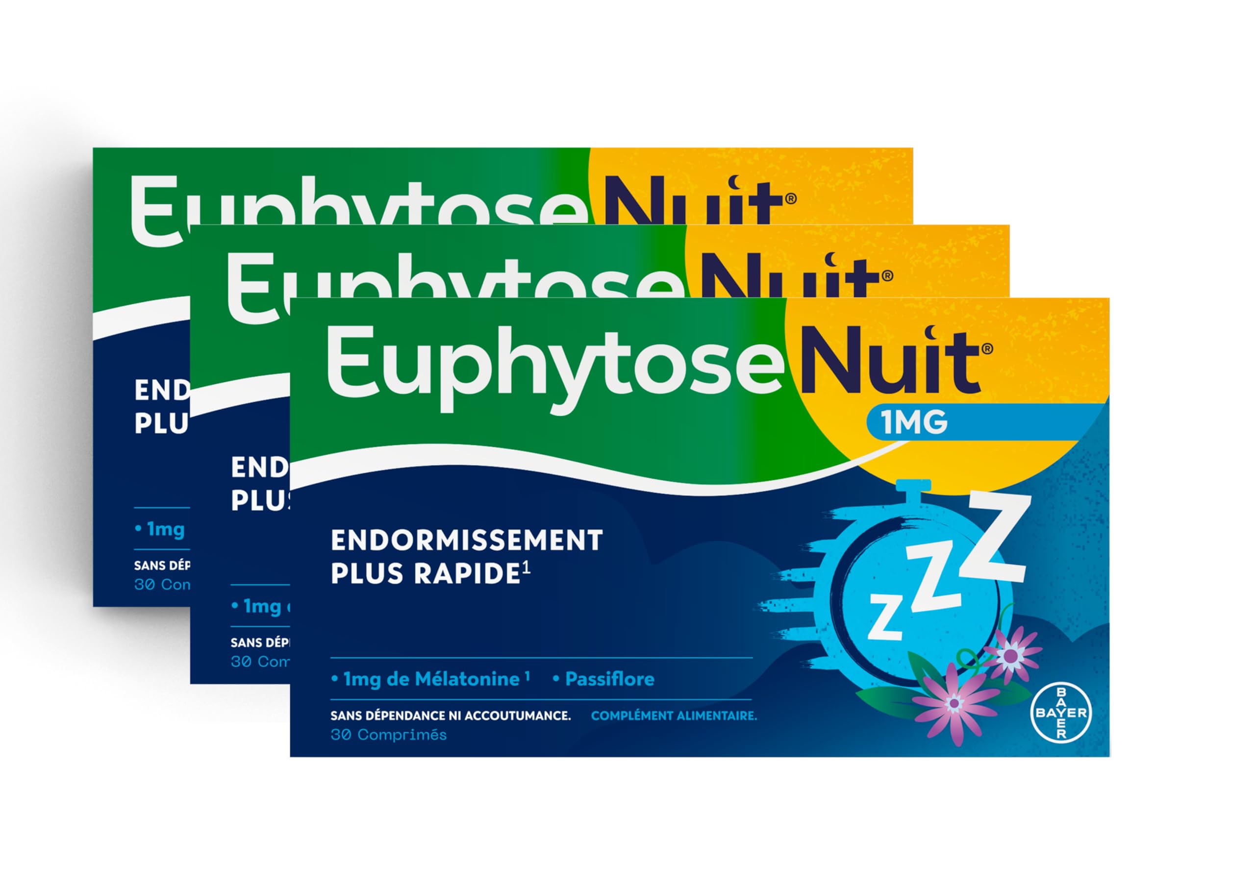 EuphytoseNuit® - Complément alimentaire adulte - Mélatonine 1mg - Endormissement plus rapide - Passiflore : Sommeil de qualité - 3 Packs de 30 Comprimés - 90 nuits de sommeil - Fabriqué en France