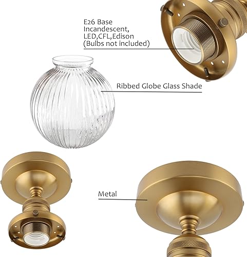 Miniatura 6 de Pathson Modern Semi Flush Mount Ceiling Light Fixture with Striped Globe Glass Shade, Industrial Ceiling Lighting Lamp for Living Room Foyer Hallway