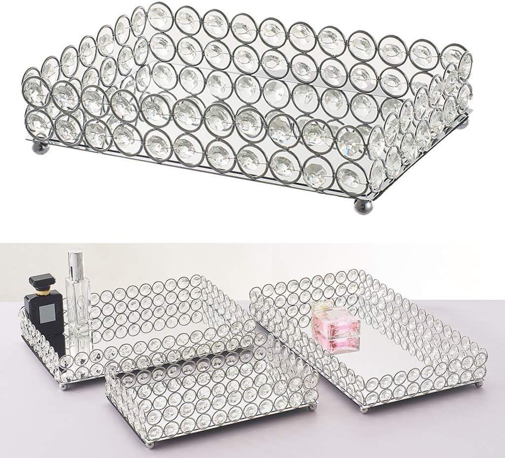 Crystal Jewelry Tray Mirrored Decorative Vanity Tray Makeup Jewelry Organizer Wedding Decoration (25x15x5cm)