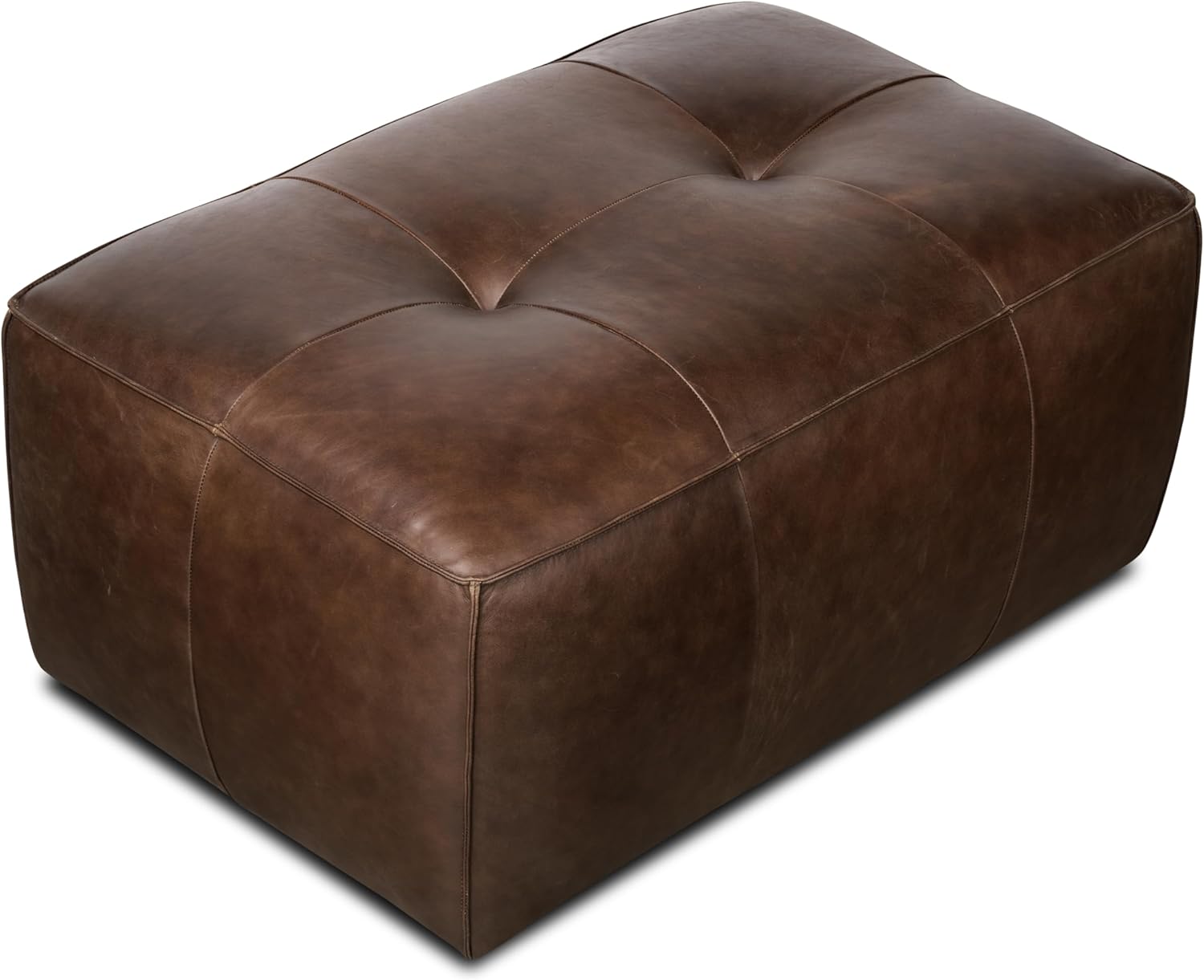 Poly & BARK Capa Ottoman – 37” Rectangle Pouf with Feather-Down Topper – Full-Grain Leather Upholstered Pouf Ottoman for Living Room – Vintage Italian Leather in Chocolate Brown
