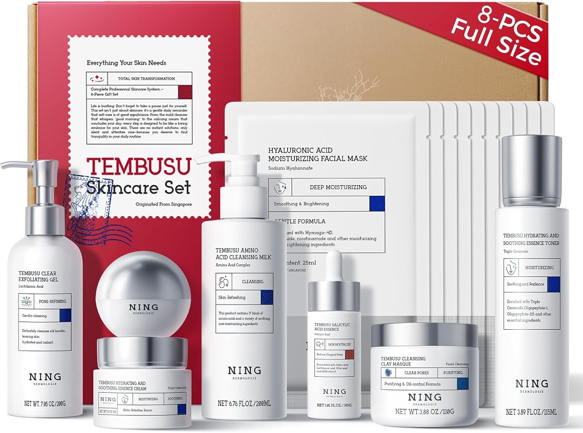 NING Juego coreano de cuidado de la piel antienvejecimiento, kit de cuidado de la piel Tembusu de 8 pasos para mujeres | Set de regalo para el cuidado de la piel, rutina completa de cuidado facial para limpieza, exfoliación, enmascaramiento e hidratación