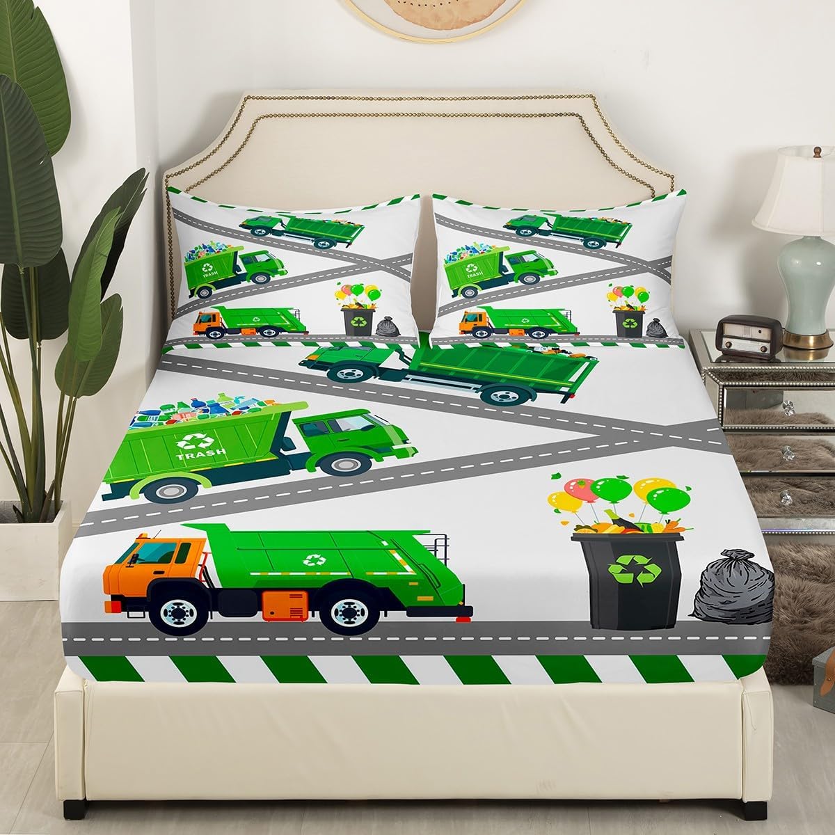 Erosebridal Garbage Truck Bedding Set Twin Size,Cartoon Car Bed Sheets for Toddler Kids Boys,Trash Truck Dark Green Fitted Sheet for Youth Teens Room Decor,Machinery Vehicle 2 Pieces Sheets
