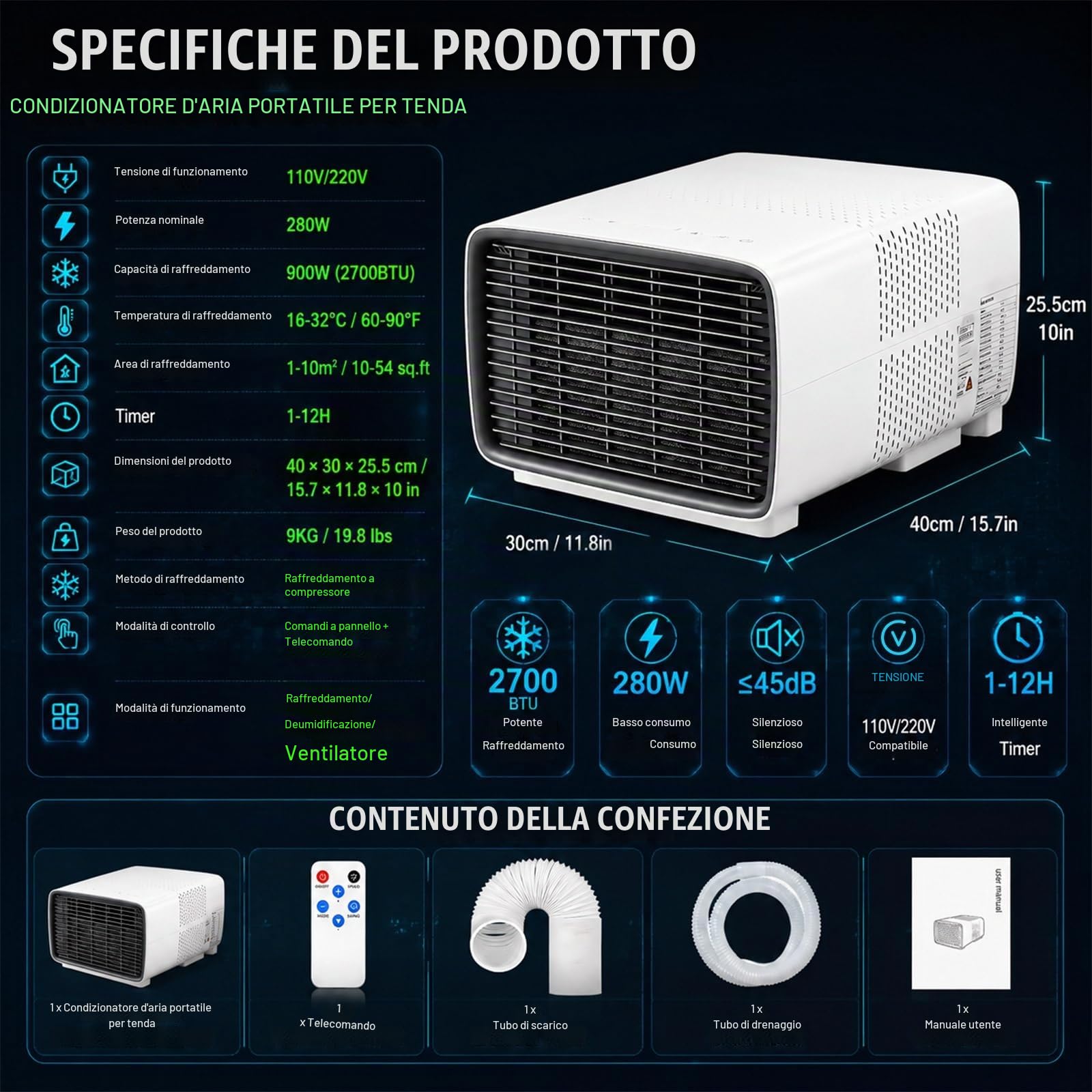 Condizionatore Campeggio Basso Consumo, 280W Climatizzatore Portatile Compatibile con Generatore Solare, 2700 BTU Soluzione di Raffreddamento Offgrid