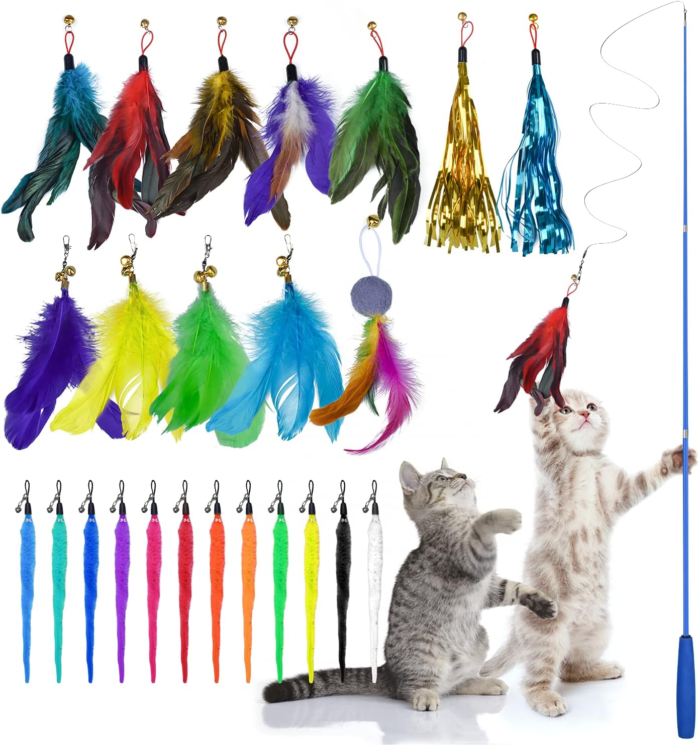YOTESO Feather Teaser Cat Toys, 25PCS Retractable Cat Wand Toys, Many Kinds Interactive Cat Feather Toy, Cat Worm Toys, 24 Assorted…