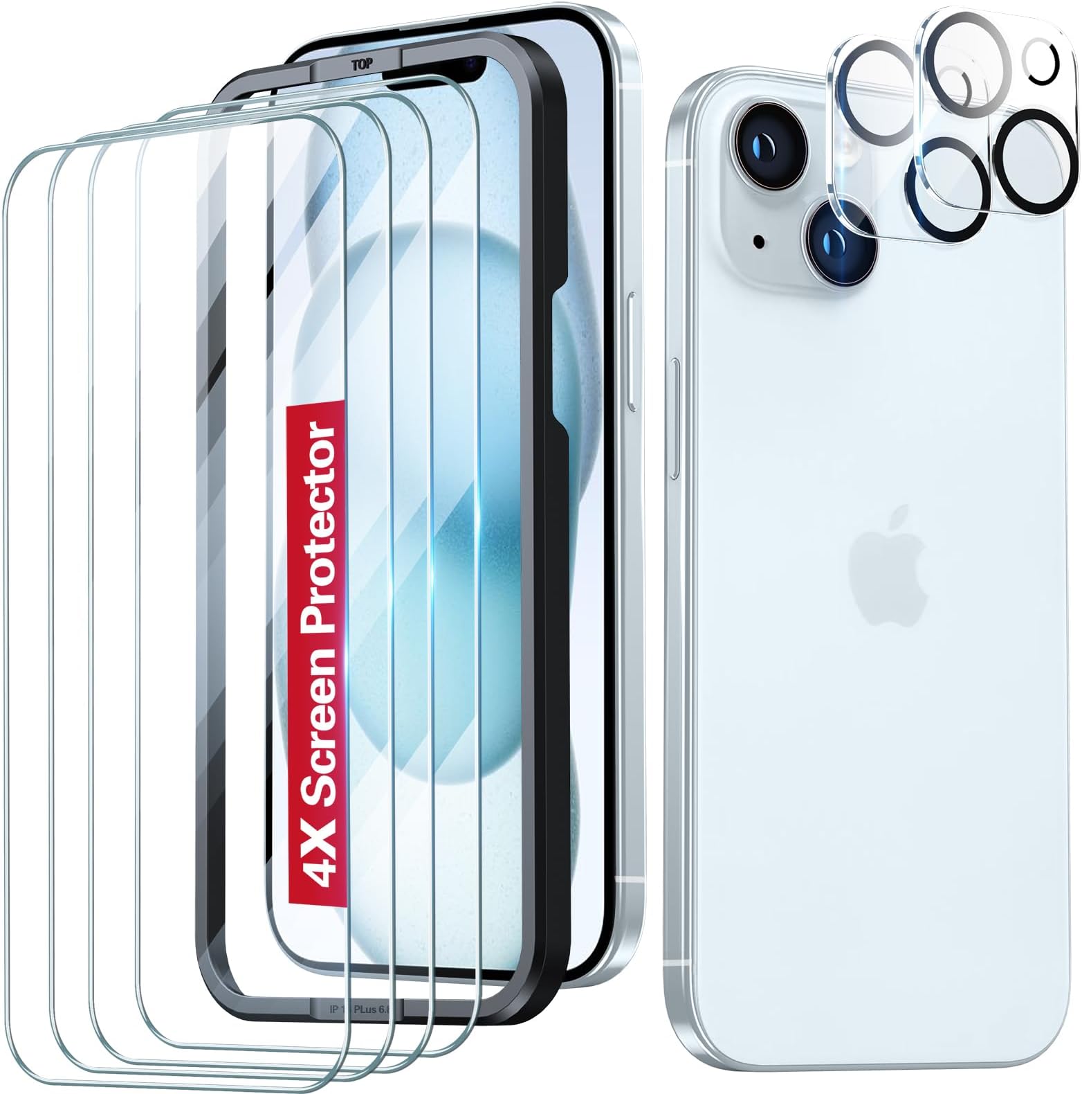 ANTSHAREfor iPhone 15 Screen Protectors Set, 4 Tempered Glass Films and 2 Lens Protectors, with 1 Installation Tool, Full-Coverage, Scratch Resistant, Bubble-Free, Case Friendly, HD Clear, 6.1-Inch