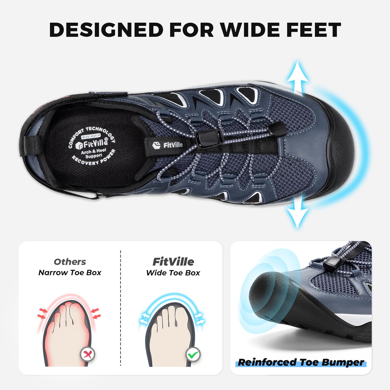 FitVille Weit Outdoor Sandalen Herren Sommer Trekkingsandalen Sport Sandalen mit Fußbett Leder Strand Wandersandalen Bequeme Orthopädische Sandalen Klettverschluss Geschlossen Slipper